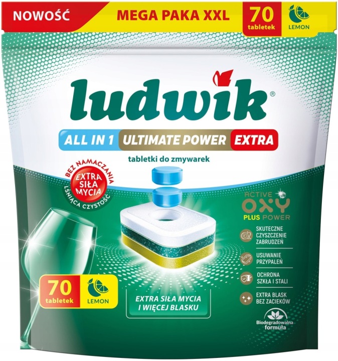 LUDWIK system do zmywarek – tabletki ALL IN 1 ULTIMATE POWER EXTRA tabletki do zmywarek 70 szt. LEMON Doypack  1260 g (70 x 18g)
