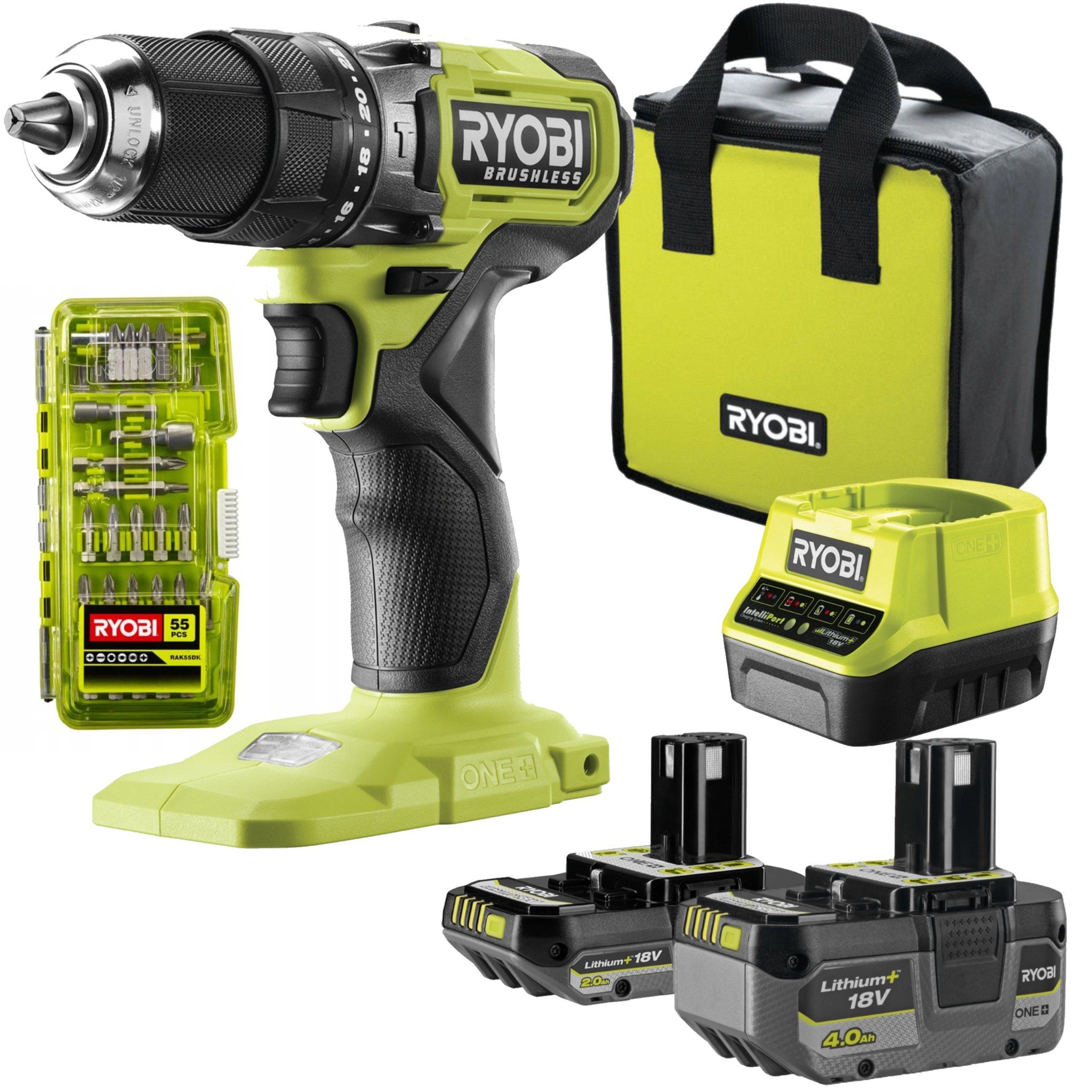 RYOBI WIERTARKO-WKRĘTARKA + Ładowarka + 4AH+2AH+ Zestaw do wkręcania 55 szt