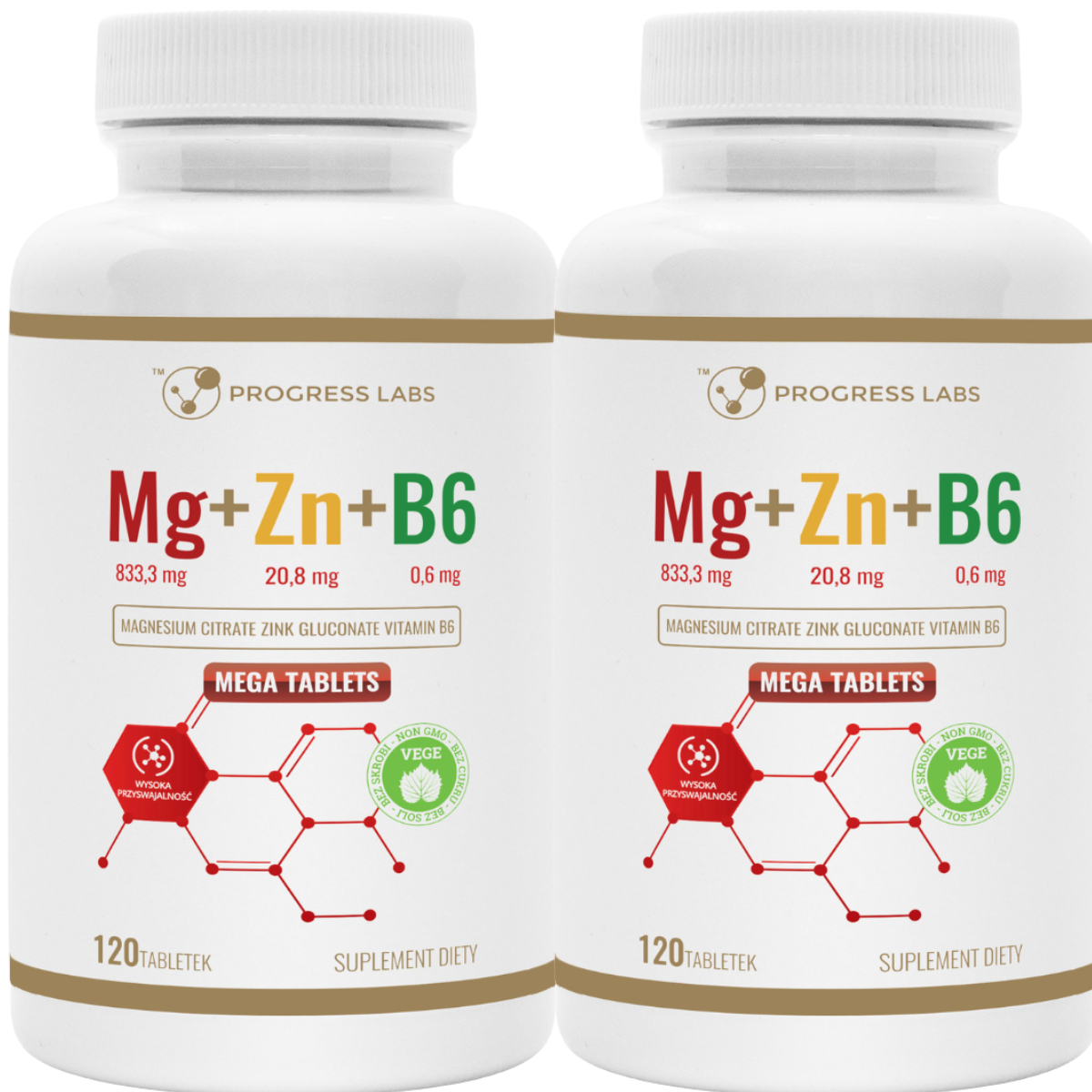 Zestaw Progress Labs Mg+Zn+B6, układ nerwowy, zmęczenie, cynk, magnez, 120 tabl. x2
