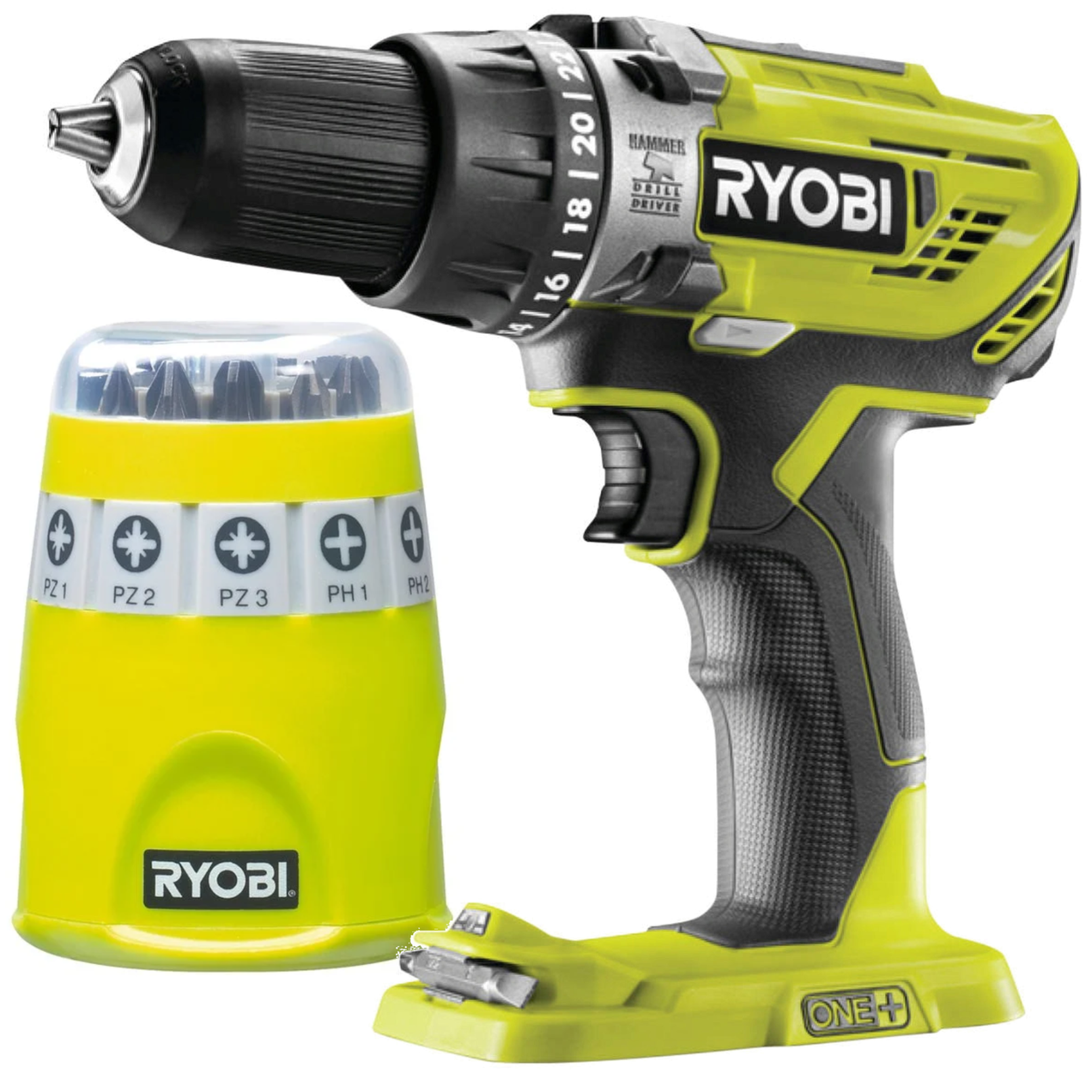 RYOBI Akumulatorowa Wiertarko-wkrętarka Udarowa 18V + Zestaw Bitów 10 szt