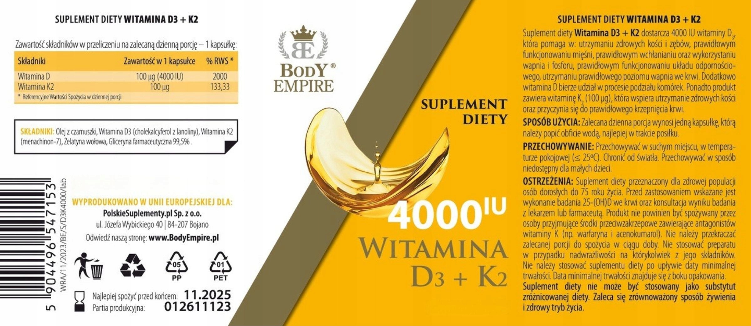 Witamina D3 + K2 MK-7 4000 IU Body Empire - opakowanie 60 kapsułek soft gel
