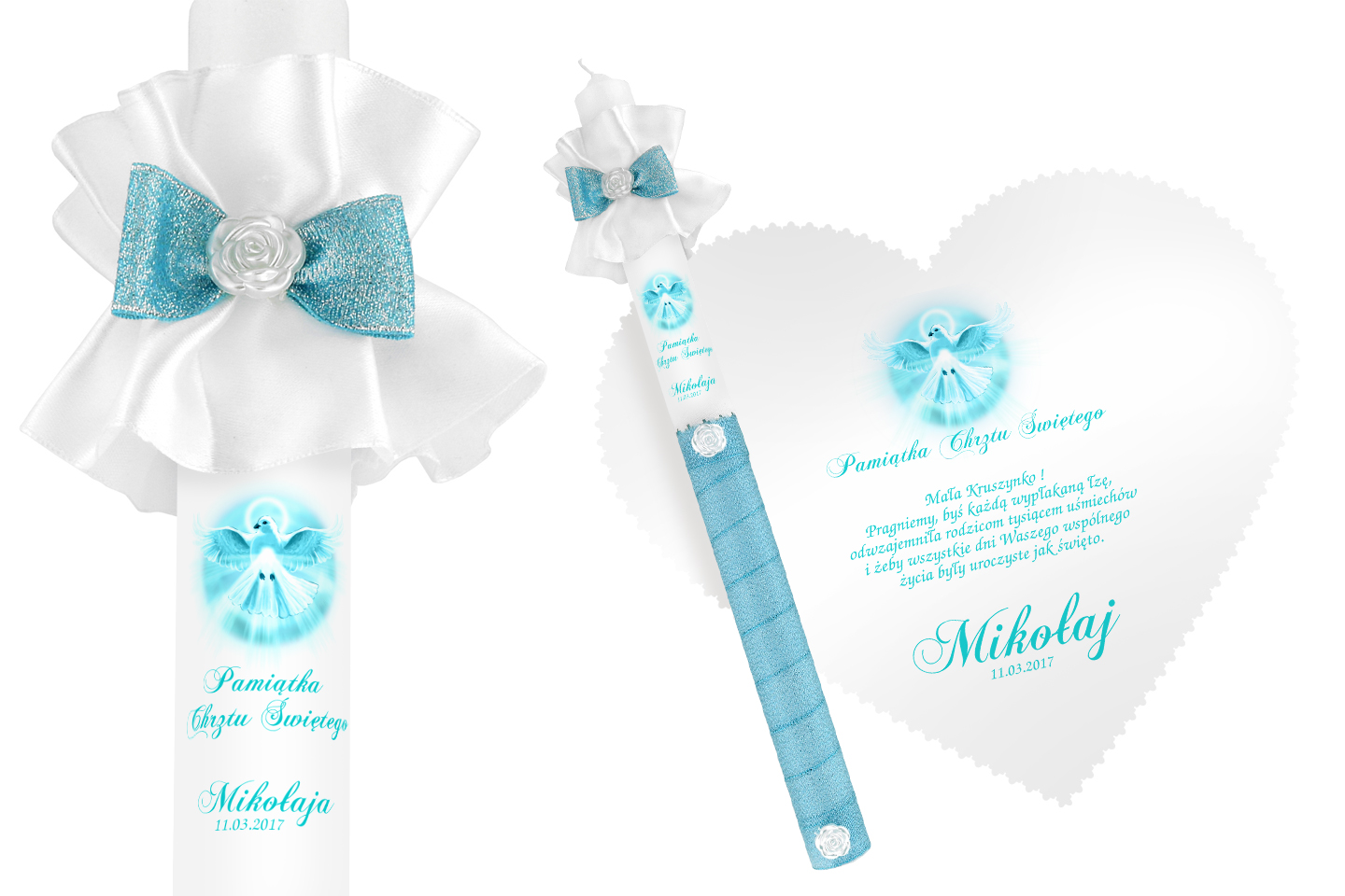 Biała szatka i świeca do Chrztu imię data WZORY
