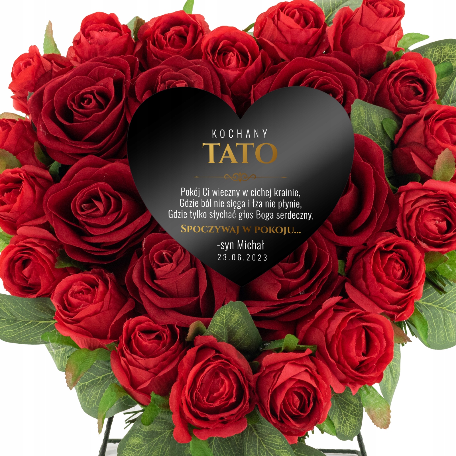 WIĄZANKA na GRÓB serce z dedykacją +grawer SZTUCZNE KWIATY czerwone róże