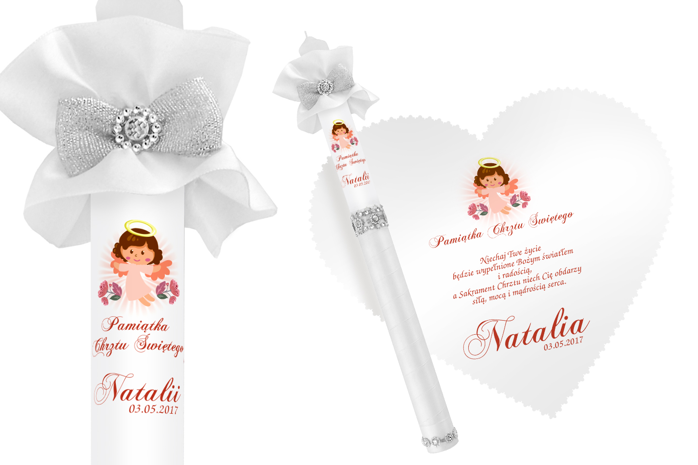 Biała szatka i świeca do Chrztu imię data WZORY