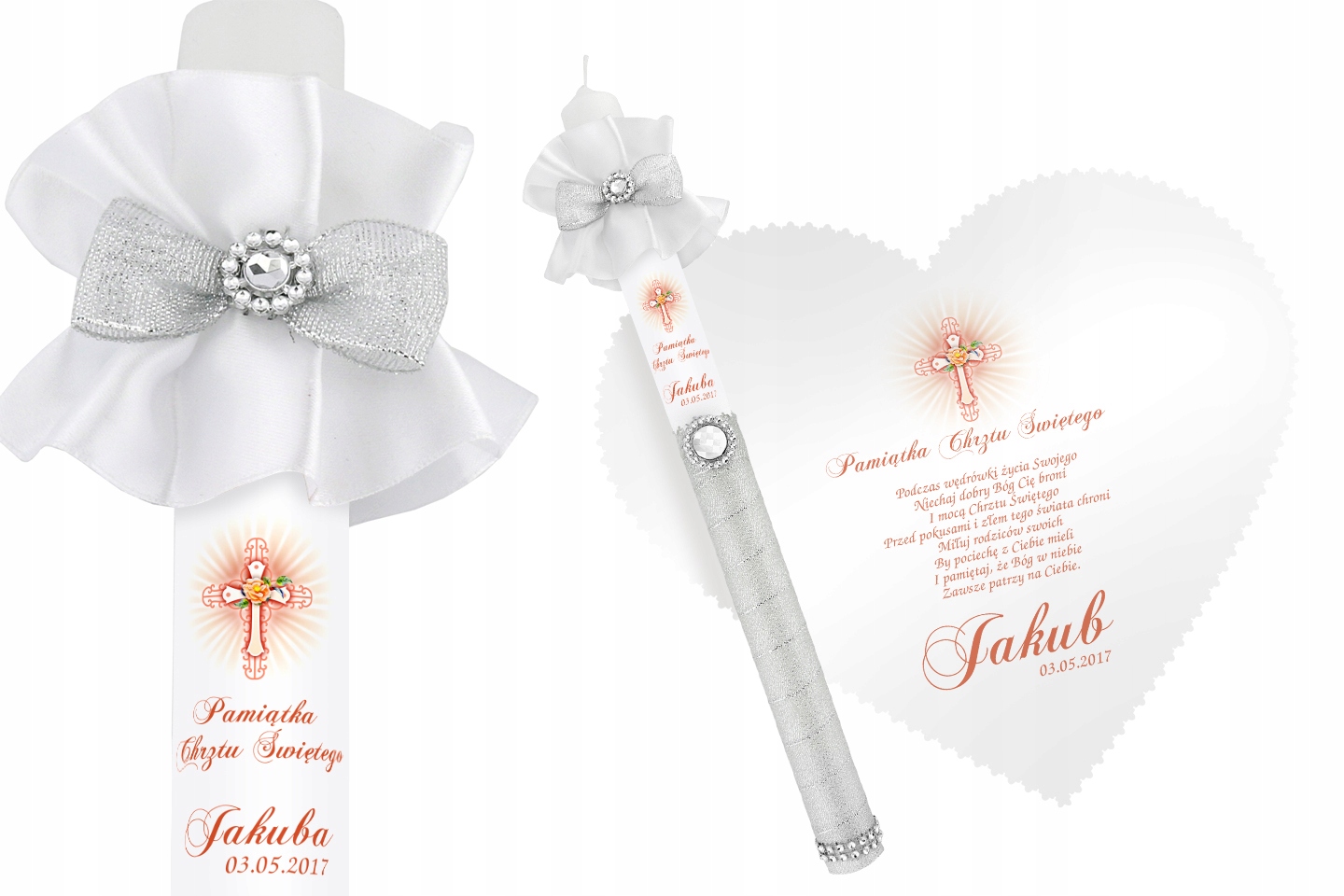 Biała szatka i świeca do Chrztu imię data WZORY