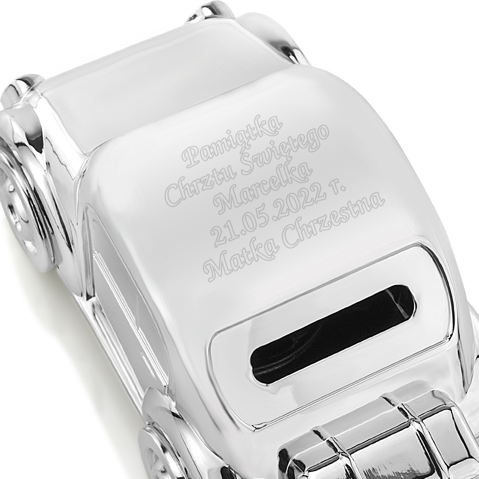 Skarbonka posrebrzana auto z grawerem prezent na chrzest dla chłopca