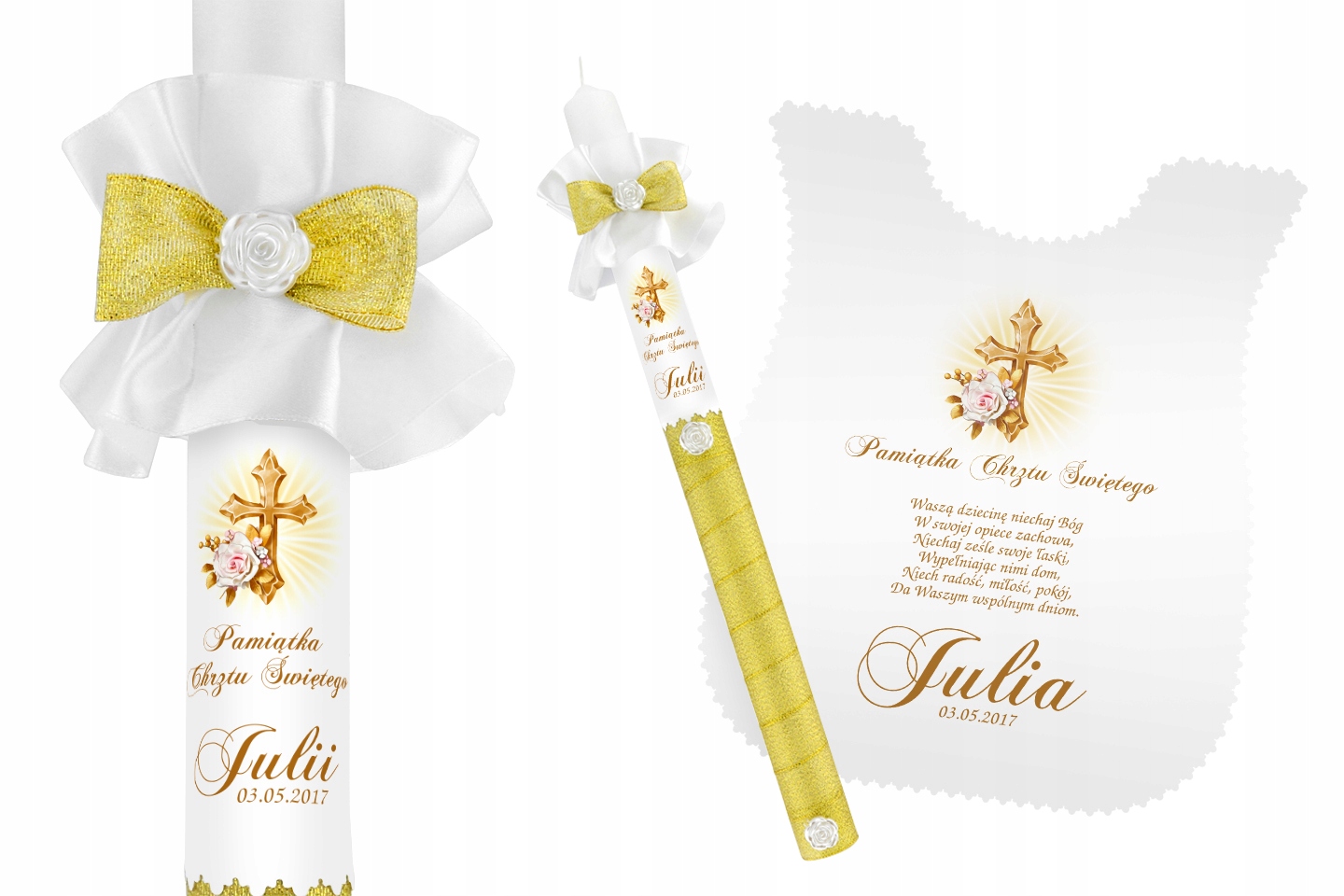 Szatka i świeca do CHRZTU biała IMIĘ DATA