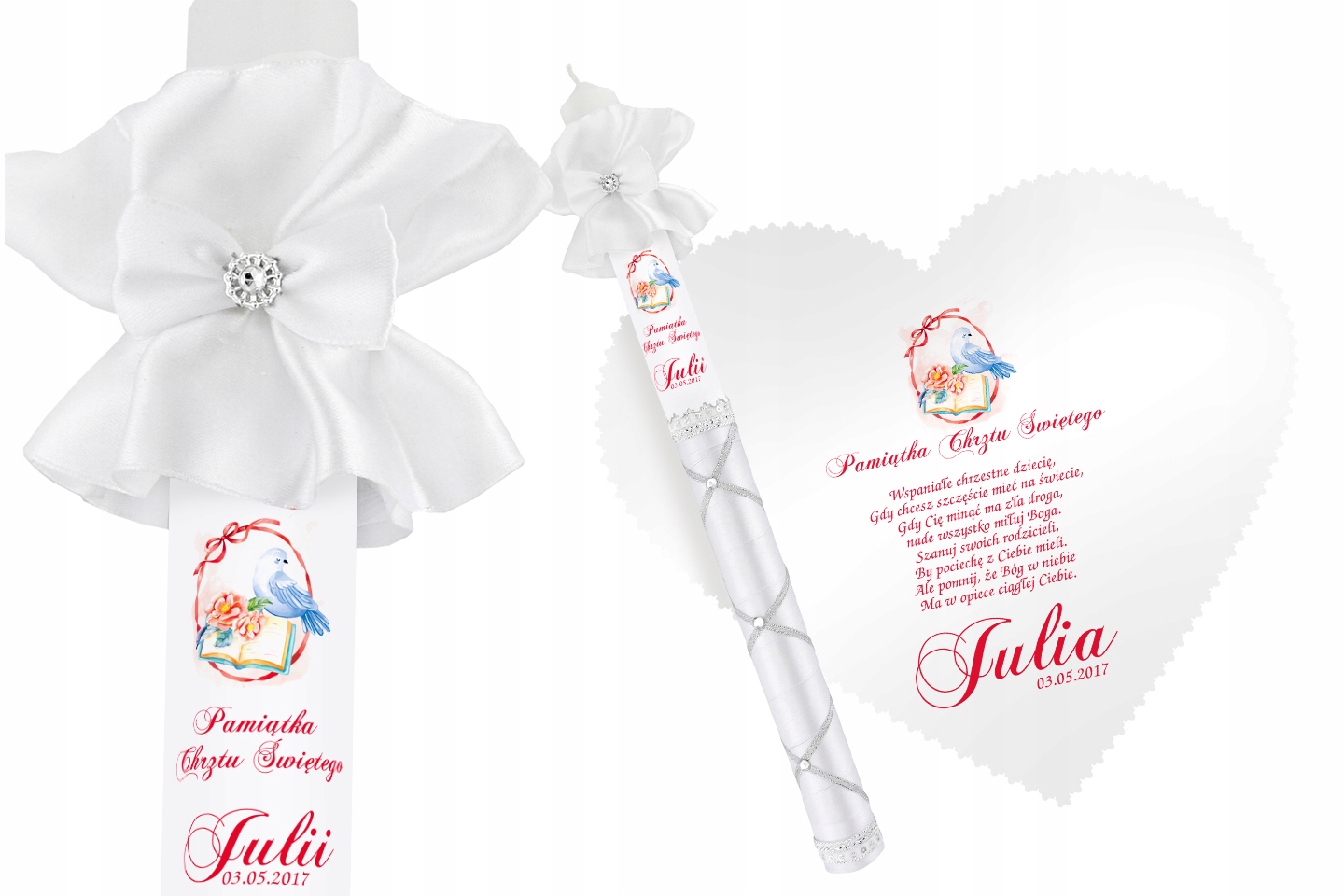 Biała szatka i świeca do Chrztu imię data WZORY