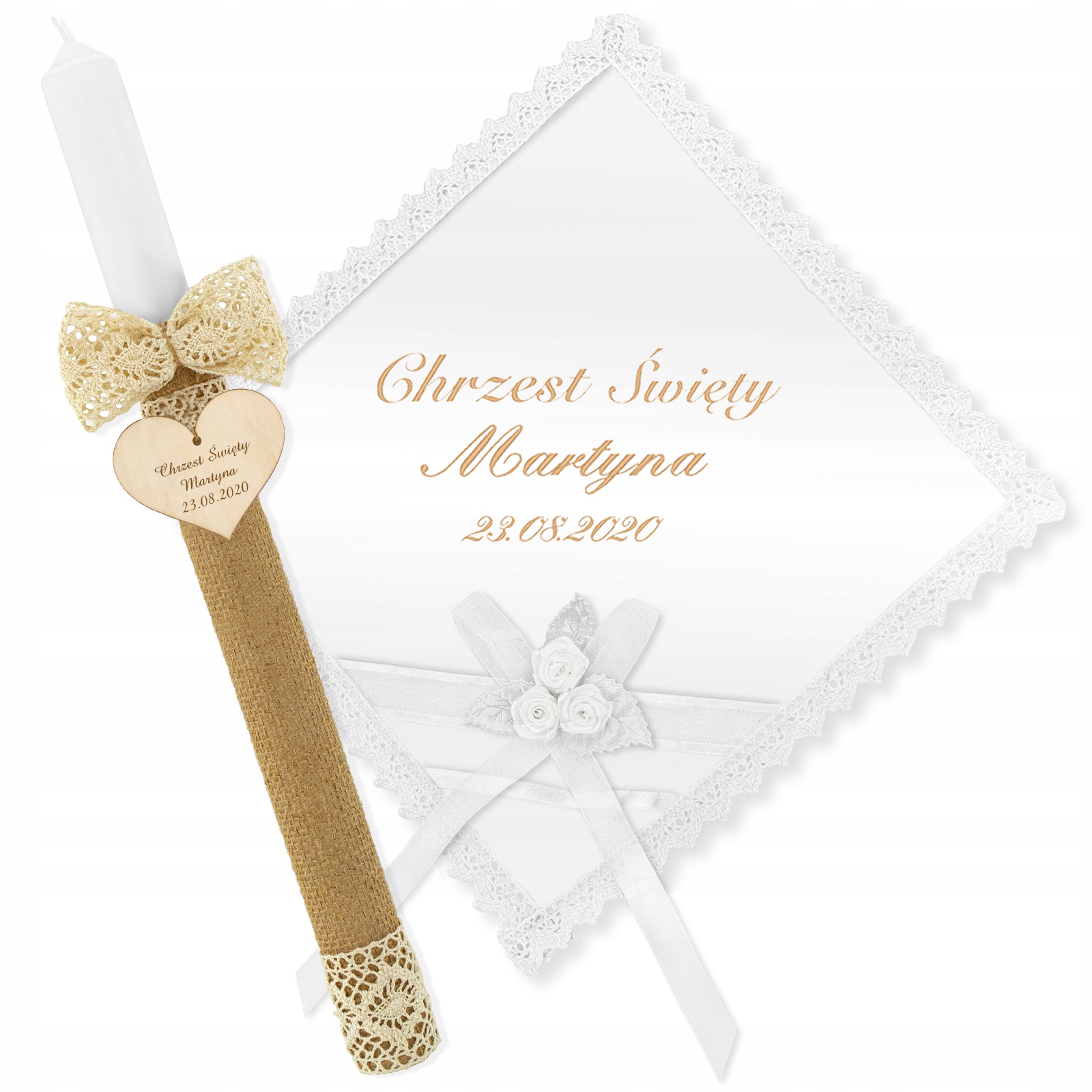 Szatka na CHRZEST HAFT + świeca do chrztu imię DATA CHRZTU