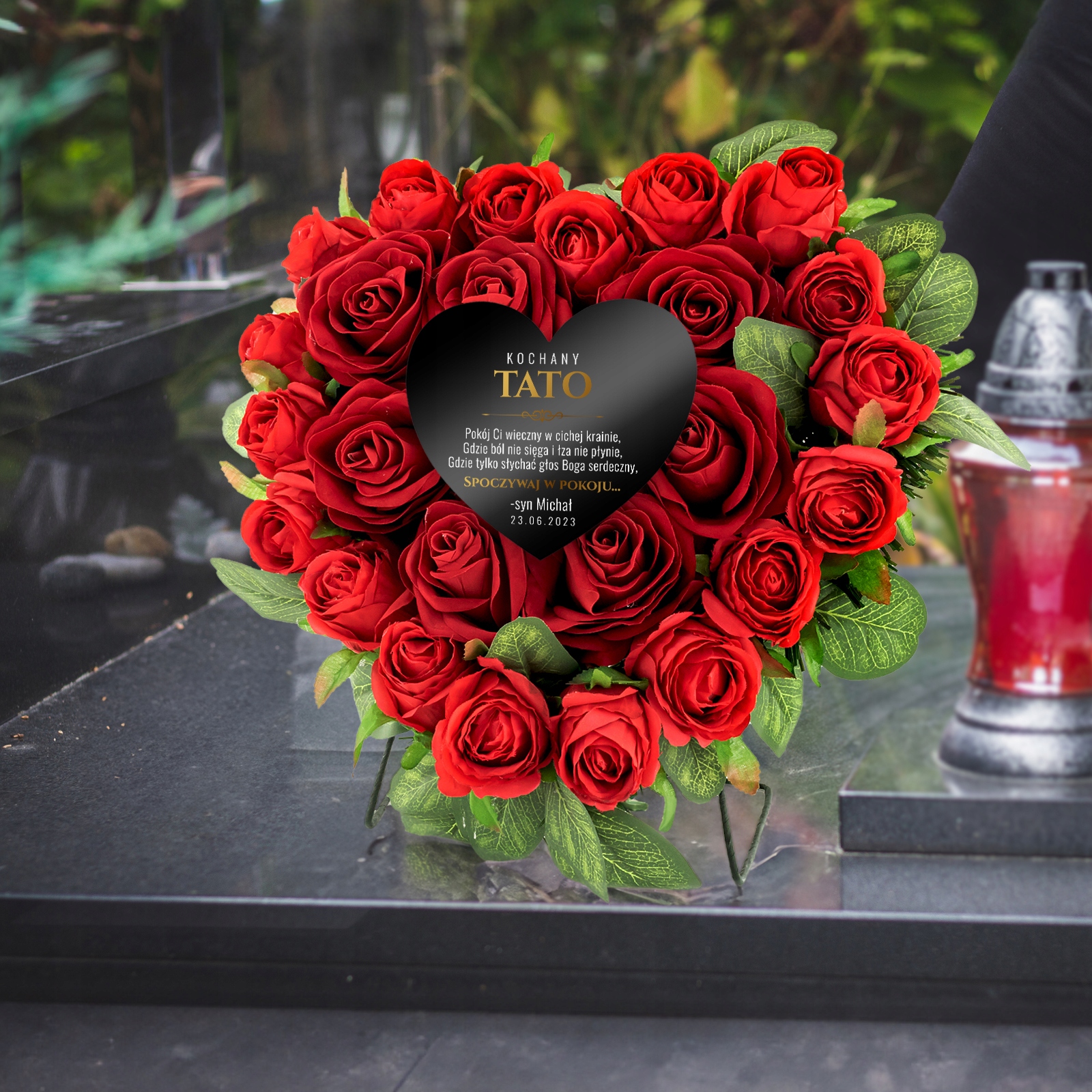 WIĄZANKA na GRÓB serce z dedykacją +grawer SZTUCZNE KWIATY czerwone róże