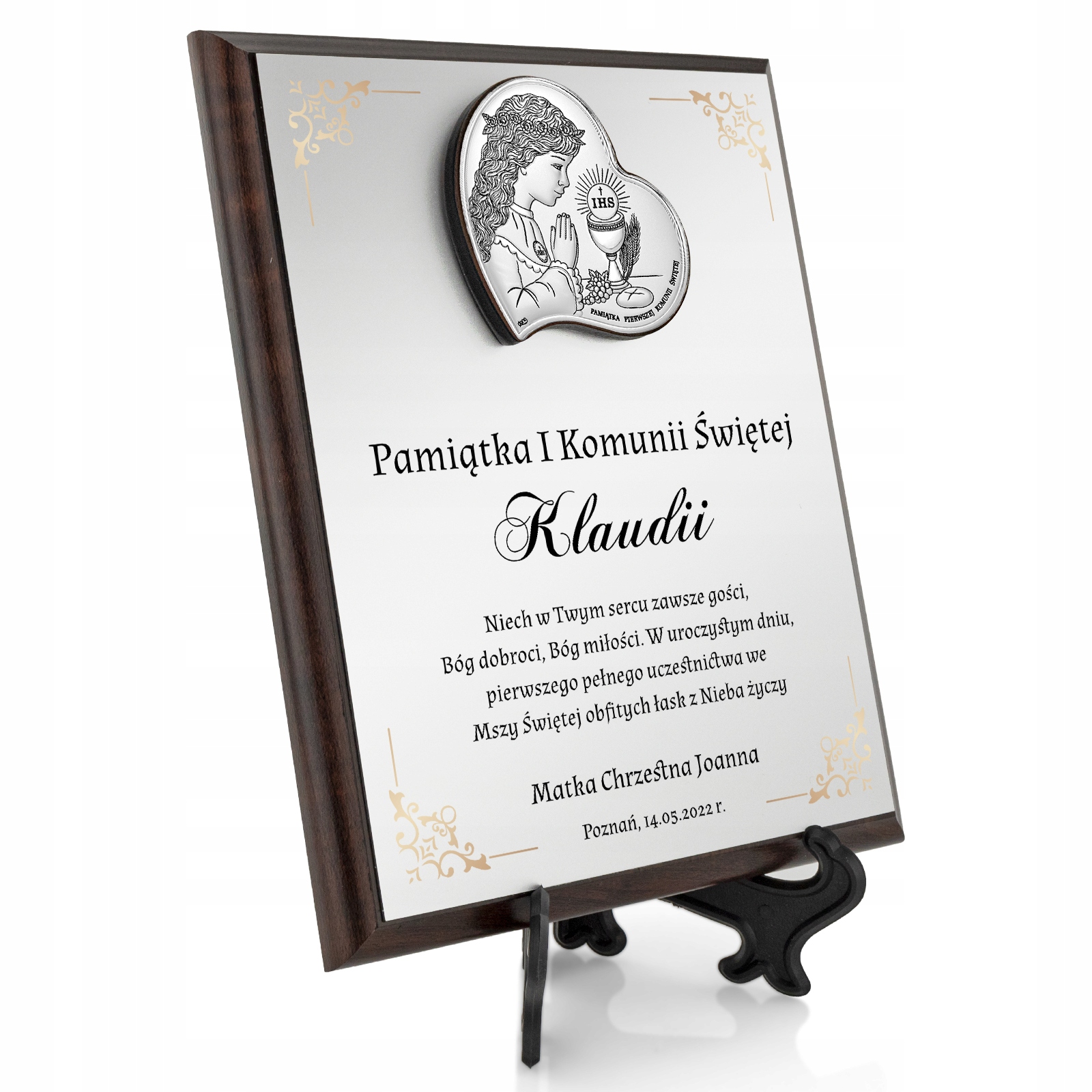 Srebrny obrazek prezent na KOMUNIĘ dla dziewczynki z NADRUKIEM