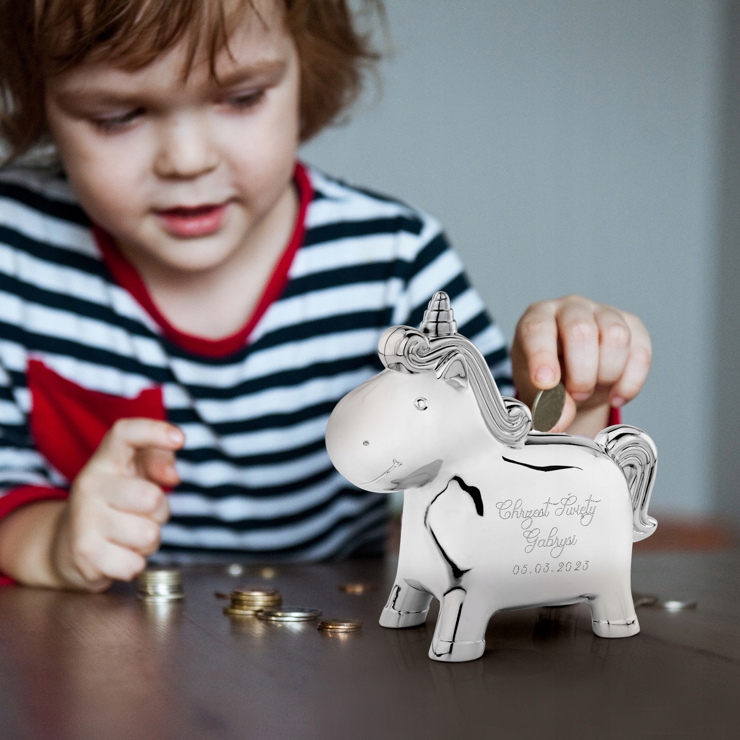 Skarbonka jednorożec srebrna prezent na chrzest pamiątka chrztu + GRAWER