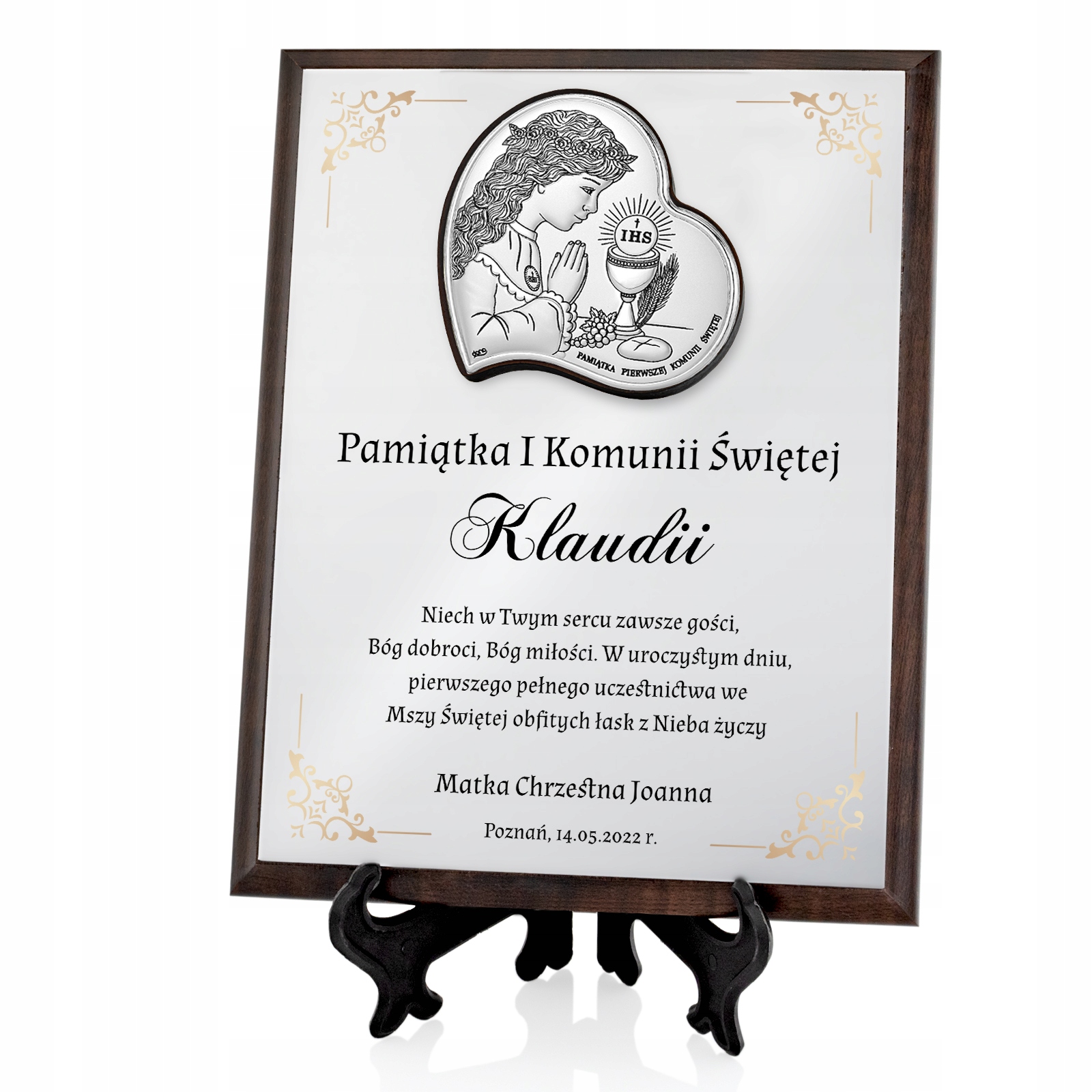 Srebrny obrazek prezent na KOMUNIĘ dla dziewczynki z NADRUKIEM