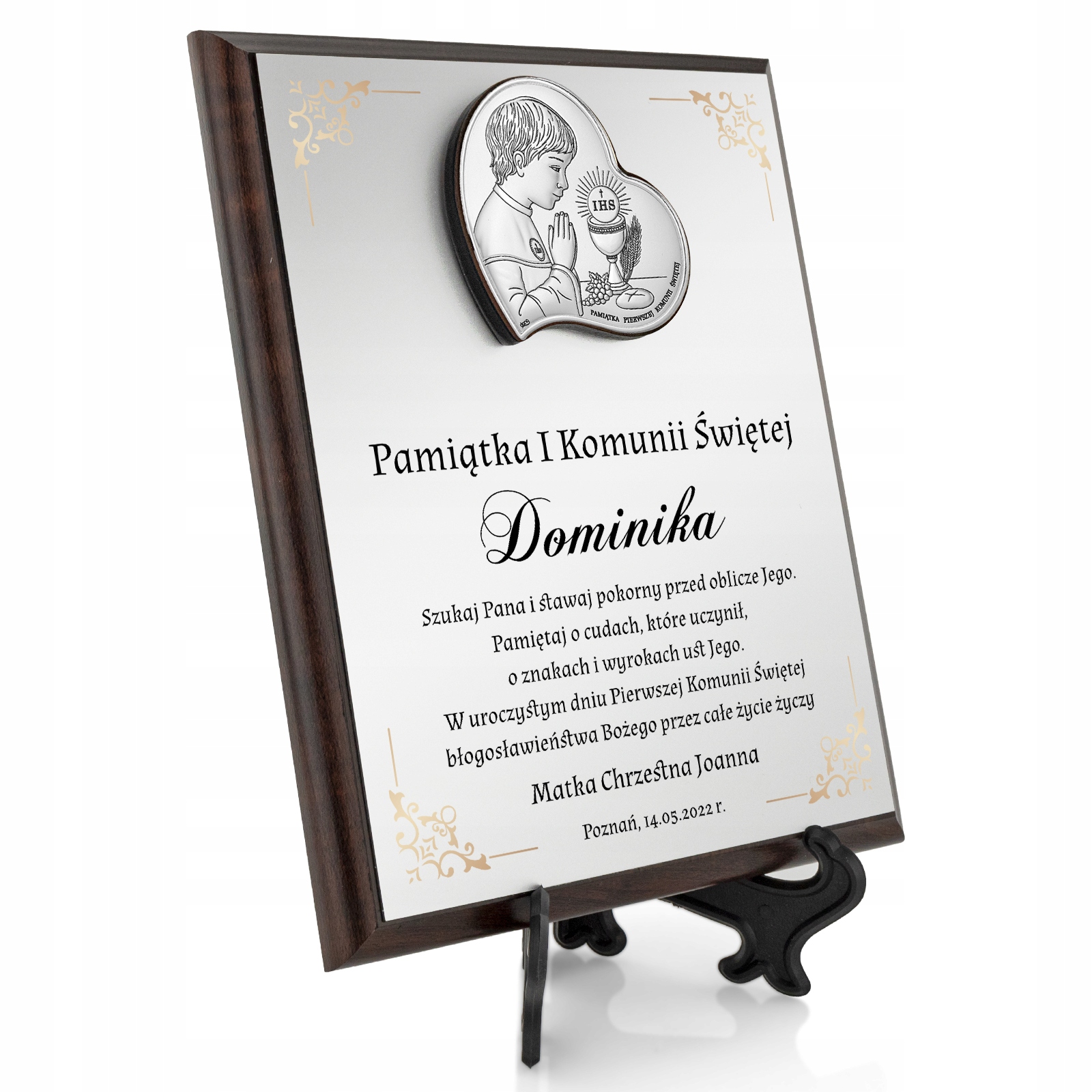 SREBRNY obrazek prezent na KOMUNIĘ z NADRUKIEM Pamiątka Komunii Chłopca