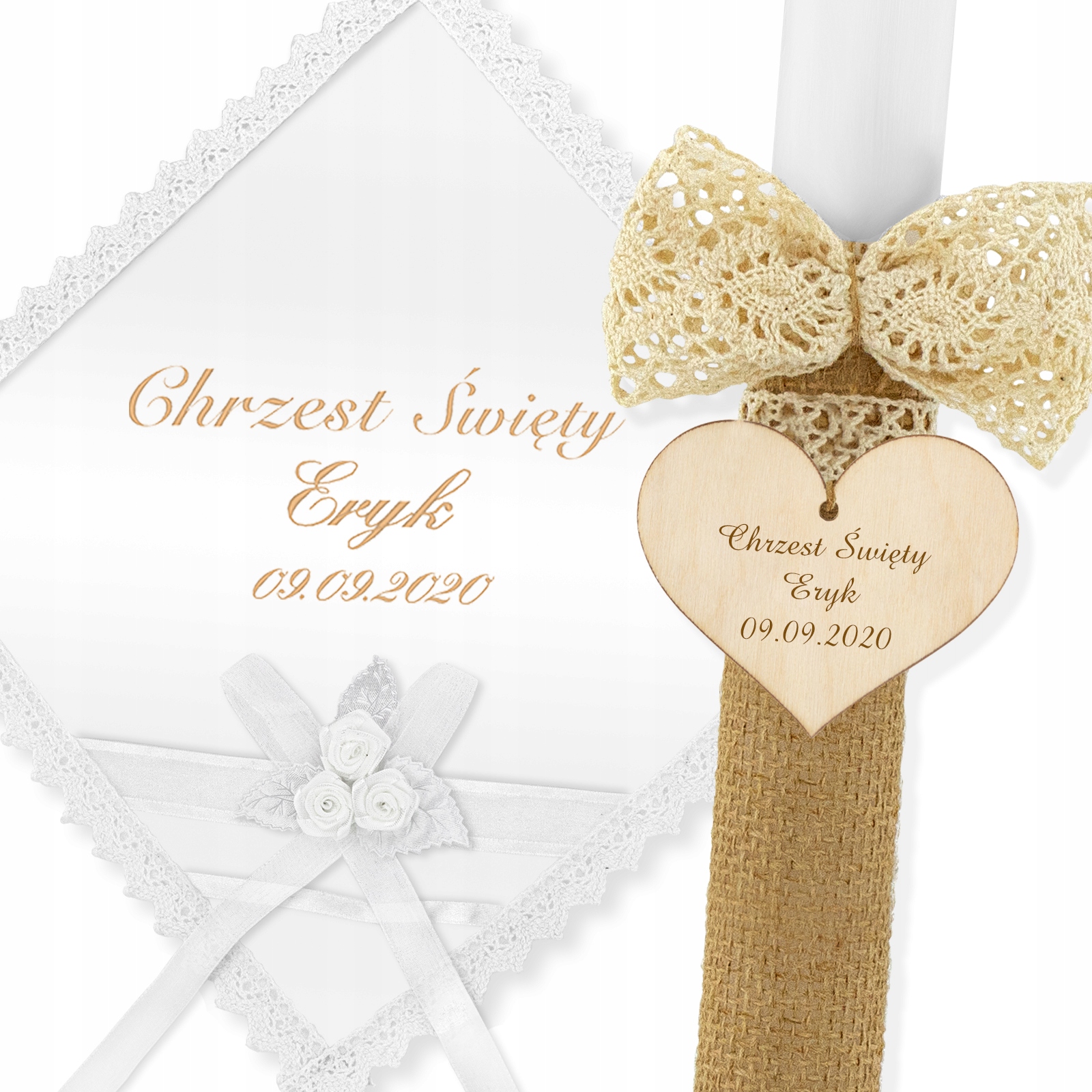 Szatka na CHRZEST HAFT + świeca do chrztu imię DATA CHRZTU