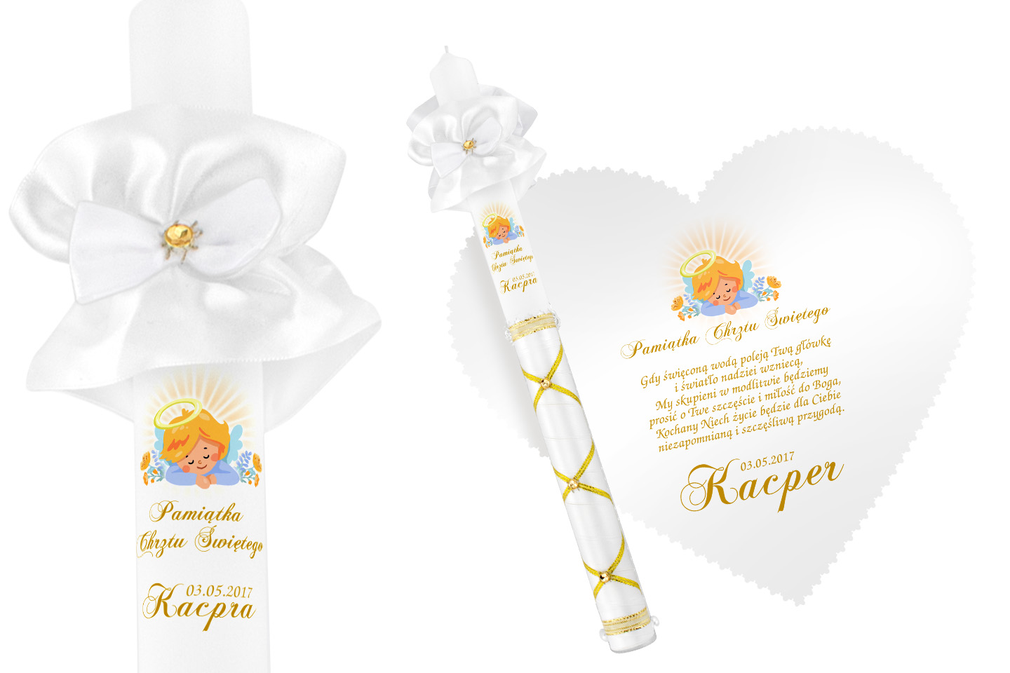 Biała szatka i świeca do Chrztu imię data WZORY