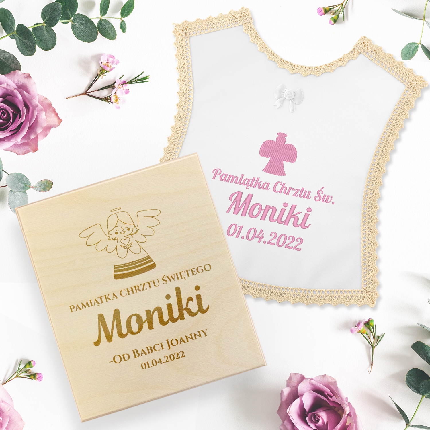 SZATKA DO CHRZTU Z HAFTEM IMIĘ DATA i PUDEŁKO