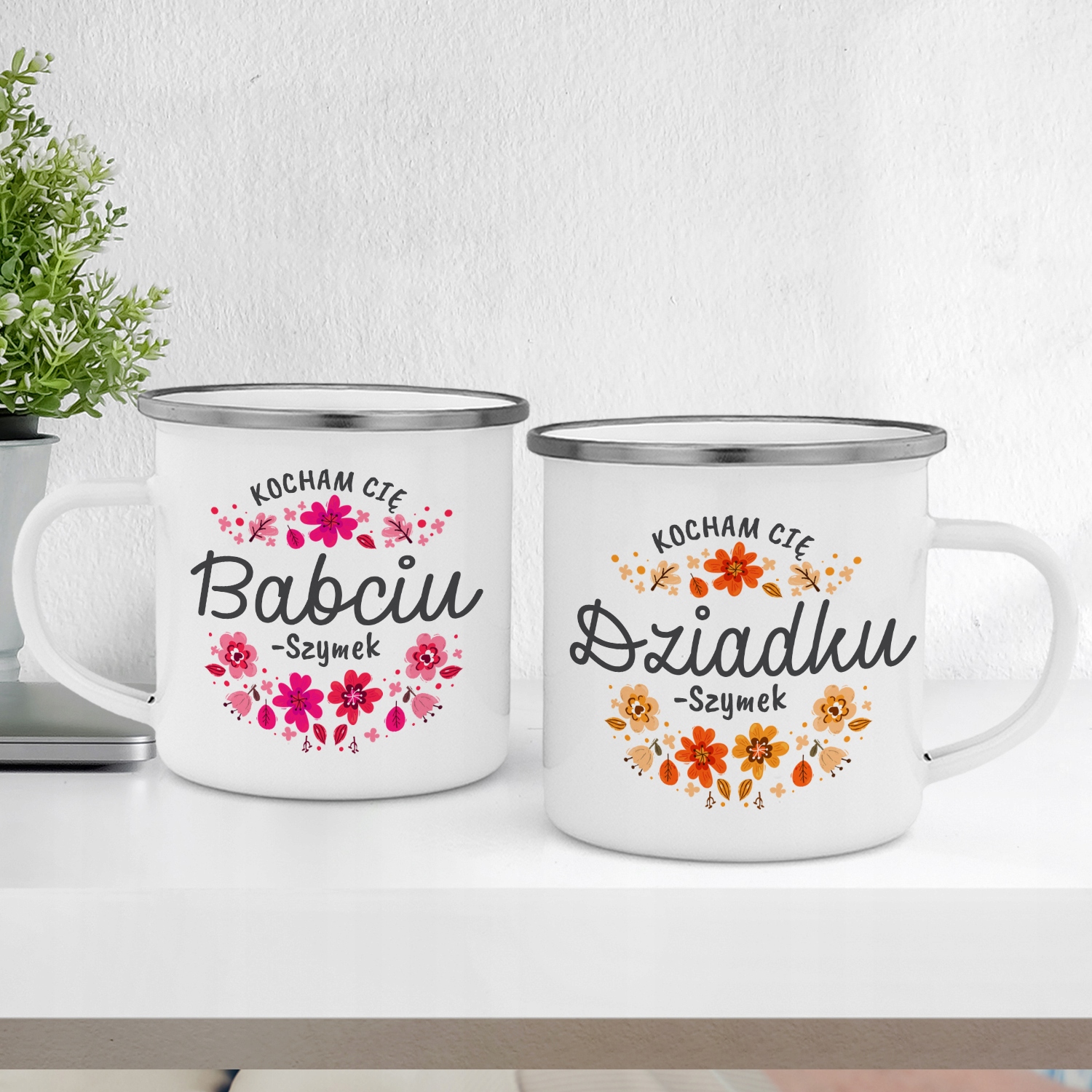 Zestaw kubków emaliowanych z nadrukiem prezent dla babci i dziadka