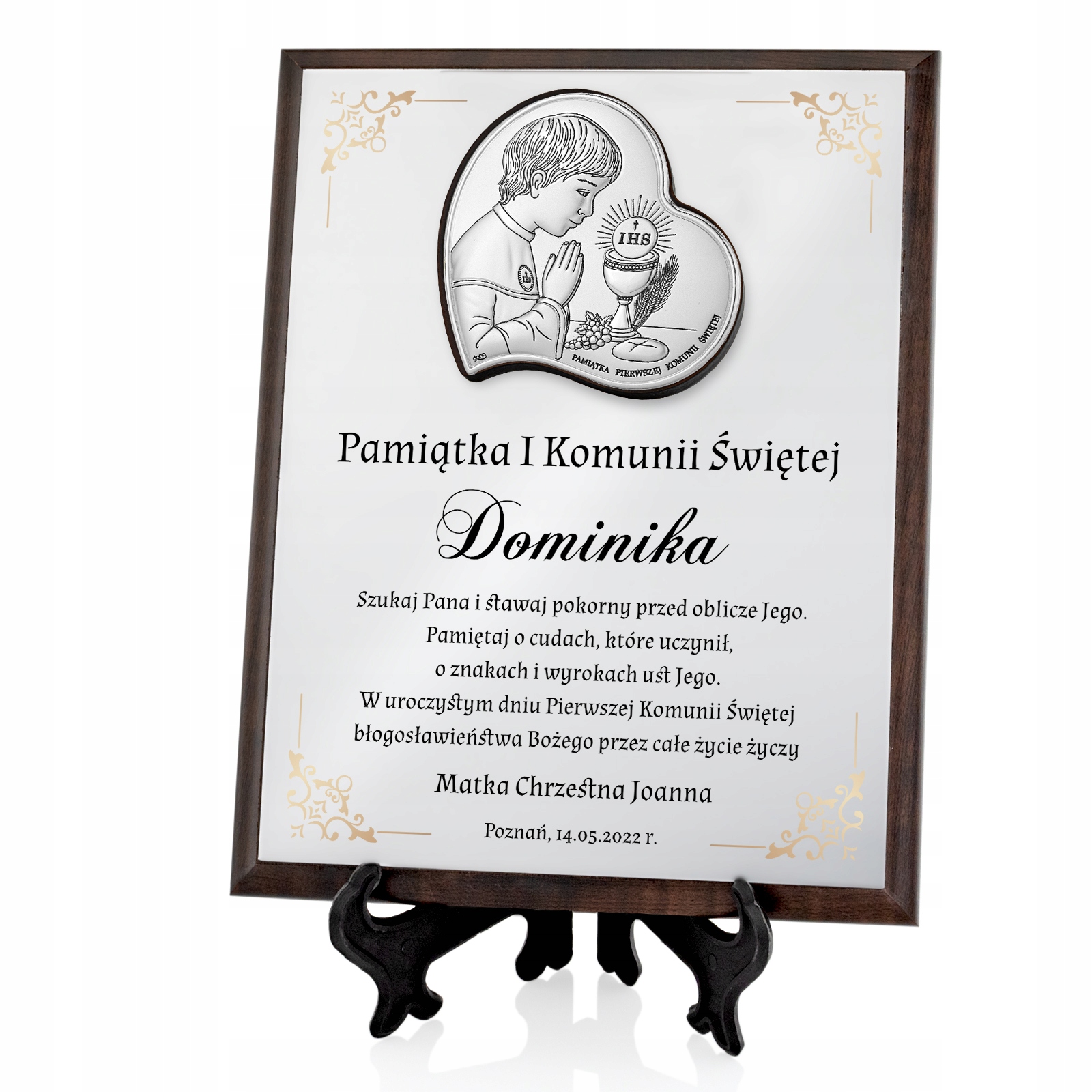 SREBRNY obrazek prezent na KOMUNIĘ z NADRUKIEM Pamiątka Komunii Chłopca