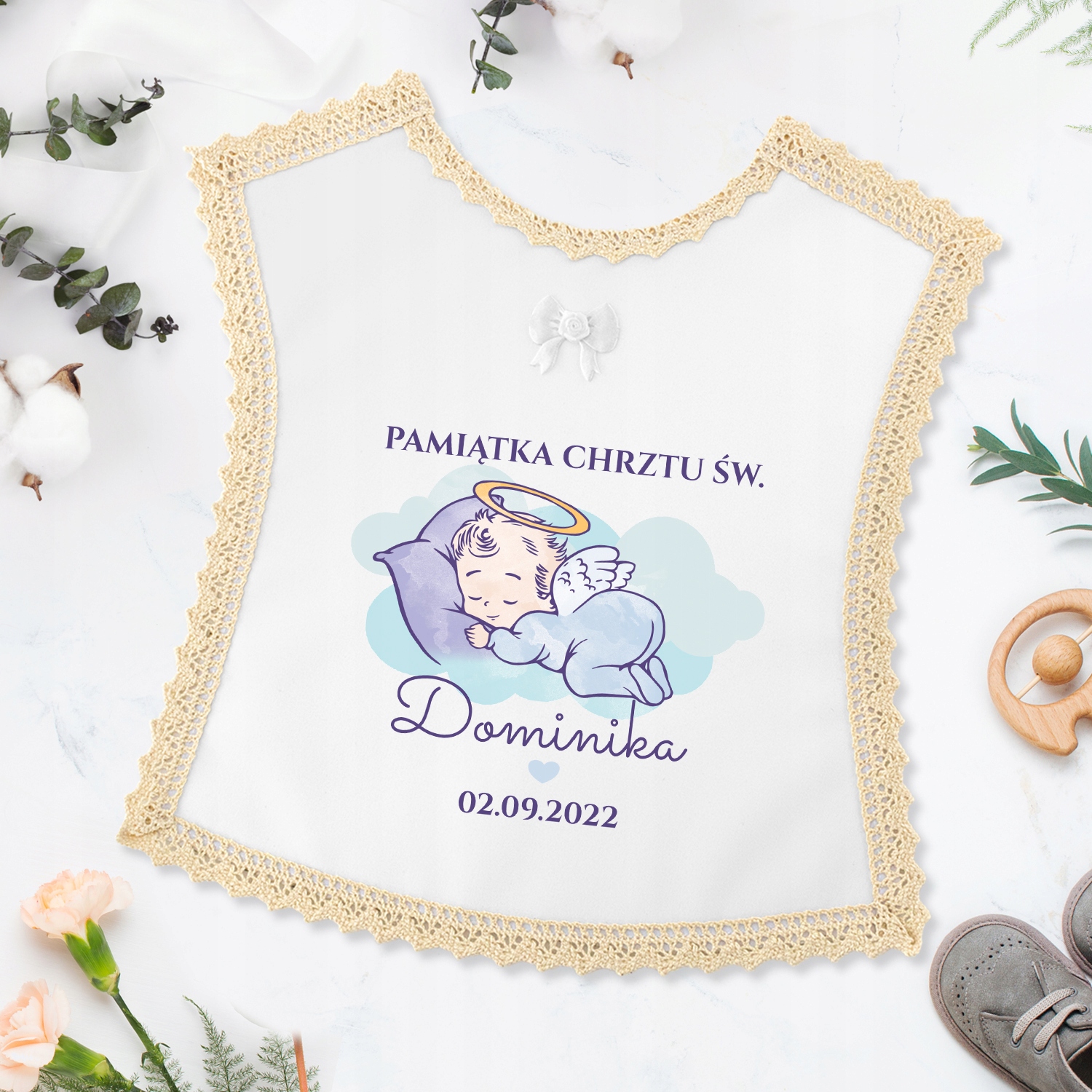SZATKA NA CHRZEST Z NADRUKIEM IMIĘ DATA i PUDEŁKO