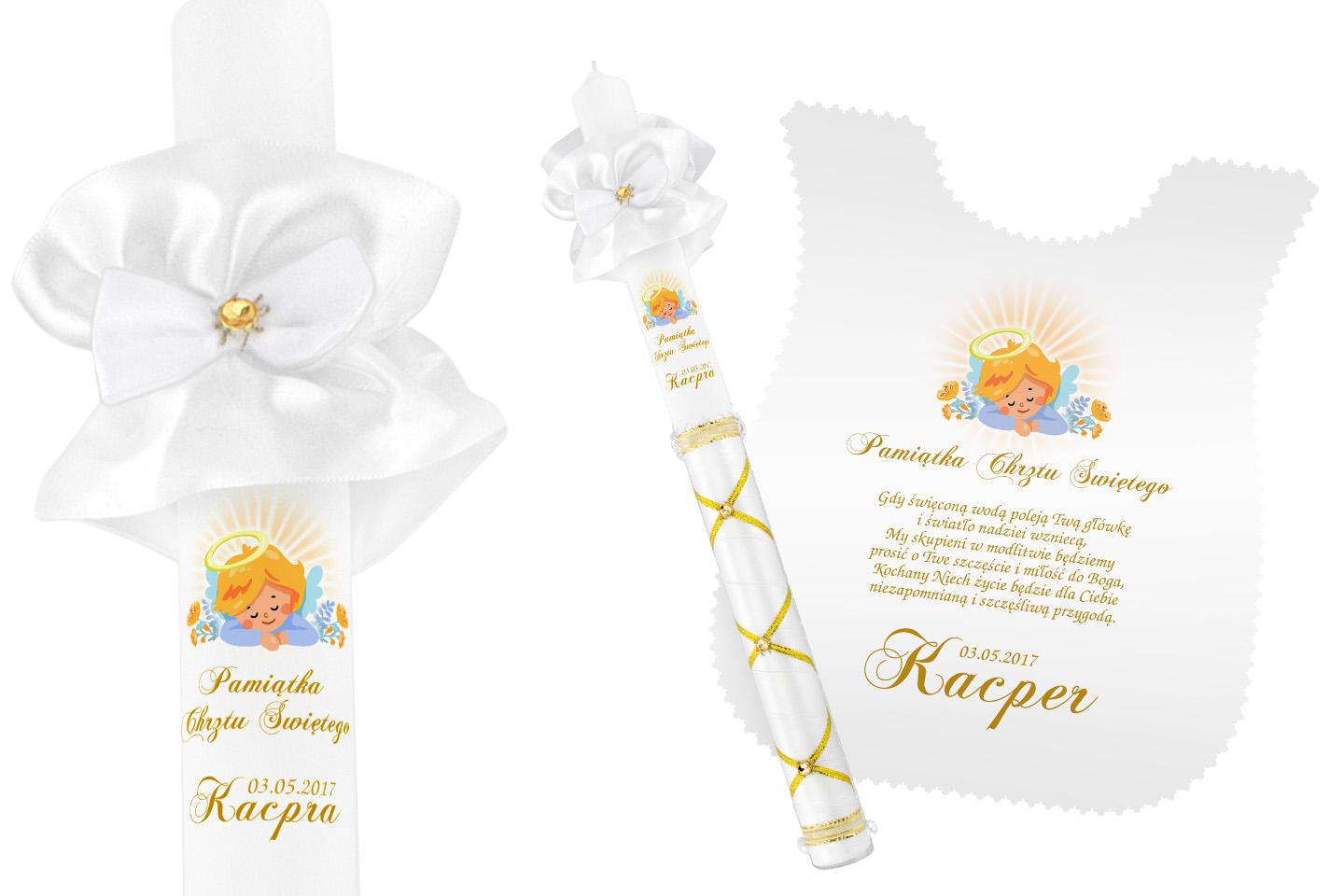 Szatka i świeca do CHRZTU biała IMIĘ DATA WZORY