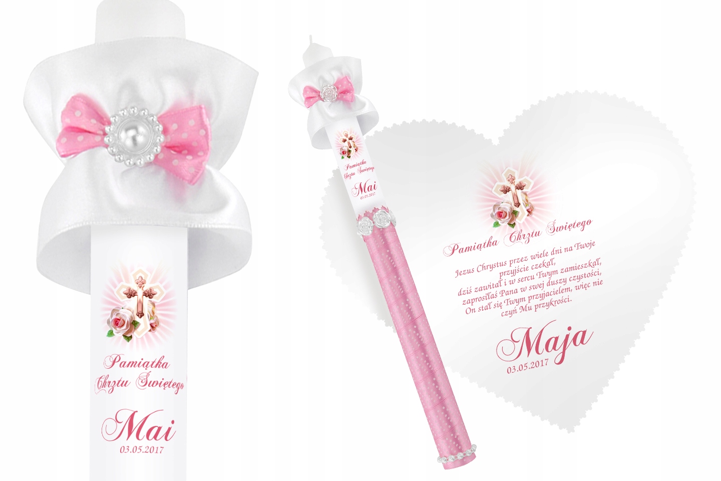 Biała szatka i świeca do Chrztu imię data WZORY