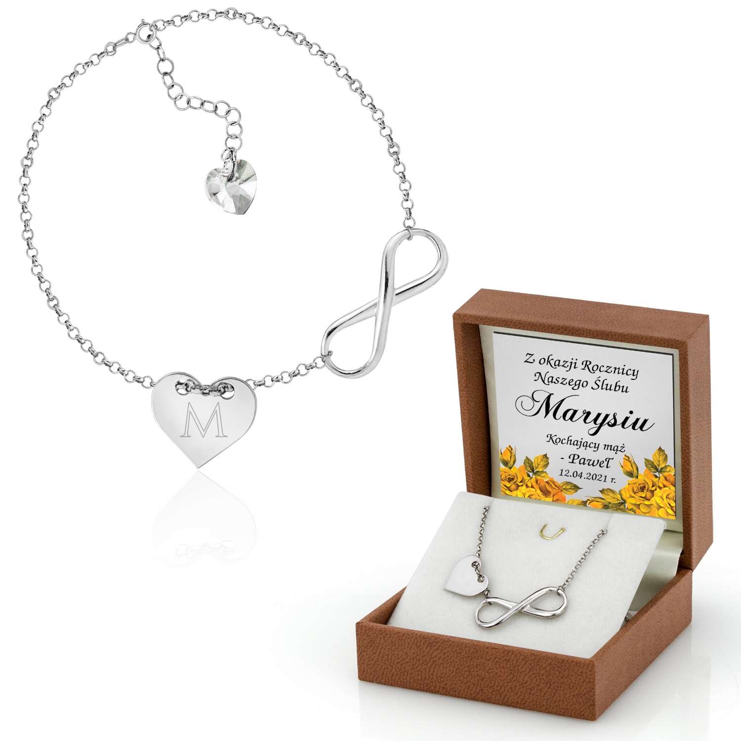 Srebrna bransoletka INFINITY ROCZNICA serce GRAWER