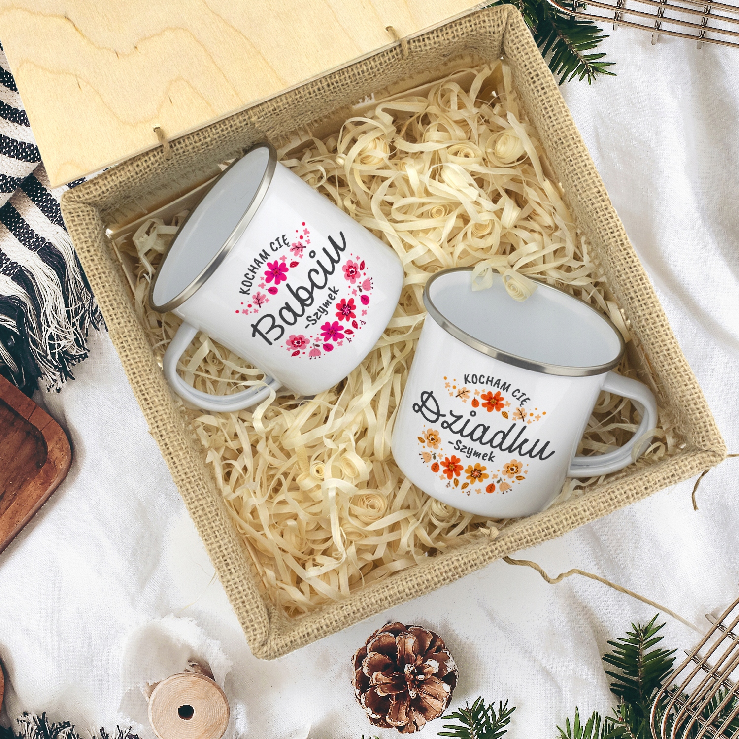 Zestaw kubków emaliowanych z nadrukiem prezent dla babci i dziadka