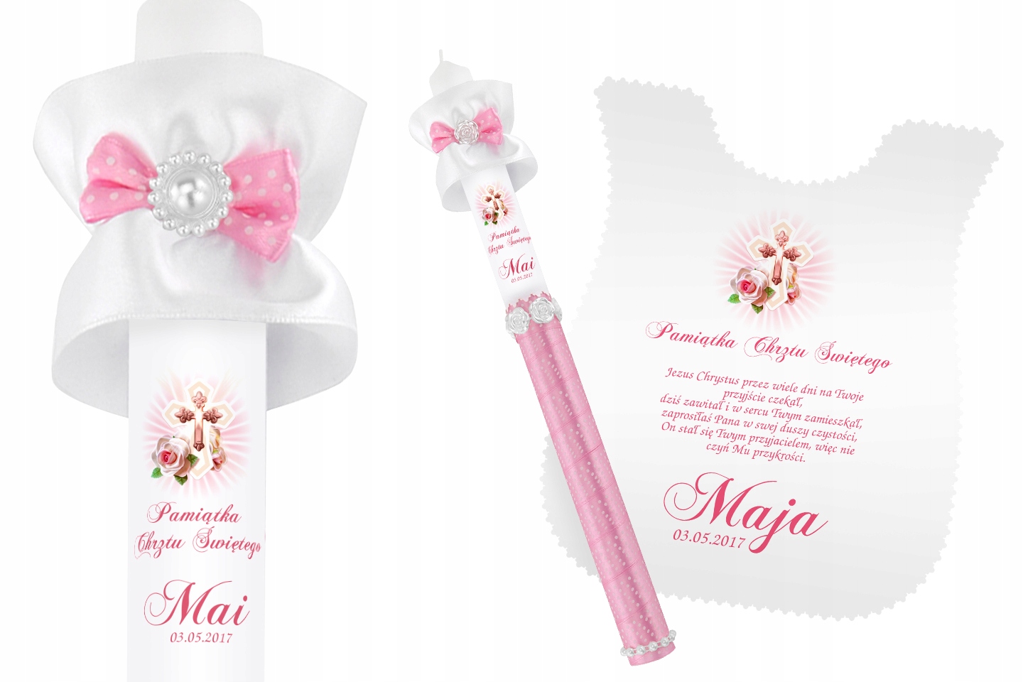 Szatka i świeca do CHRZTU biała IMIĘ DATA WZORY