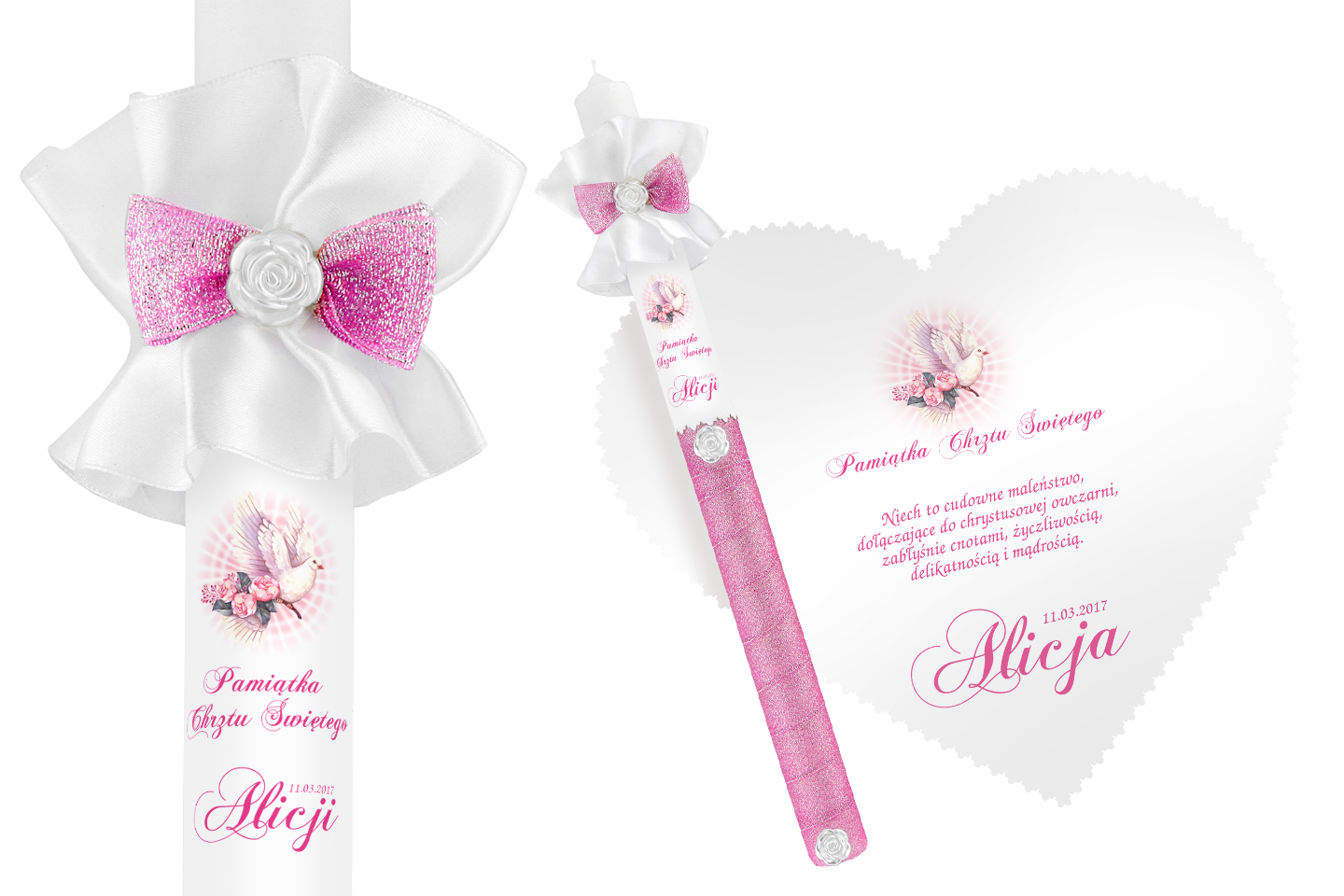 Biała szatka i świeca do Chrztu imię data WZORY