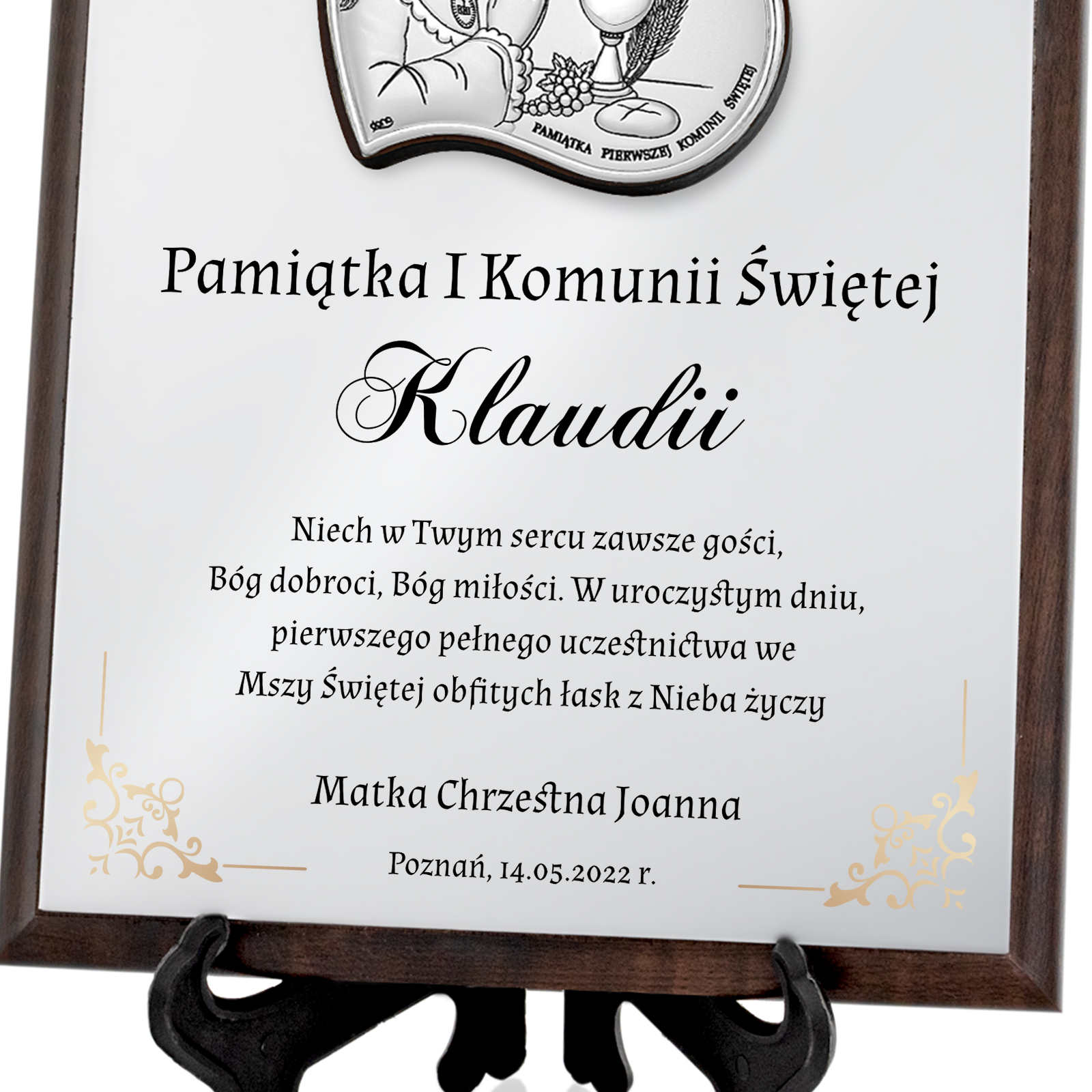 Srebrny obrazek prezent na KOMUNIĘ dla dziewczynki z NADRUKIEM