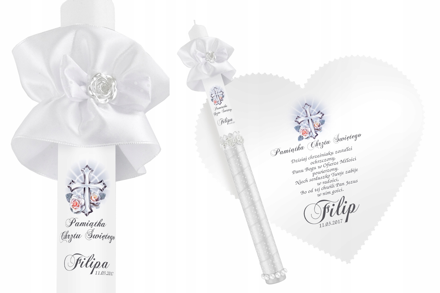 Biała szatka i świeca do Chrztu imię data WZORY
