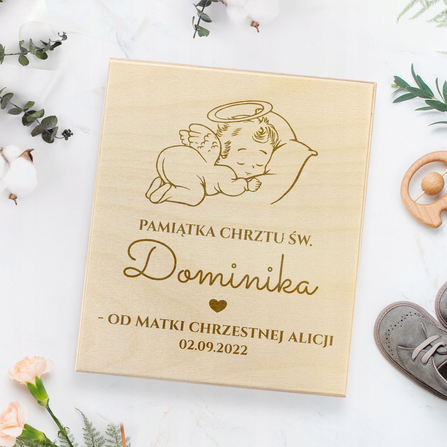 SZATKA NA CHRZEST Z NADRUKIEM IMIĘ DATA i PUDEŁKO