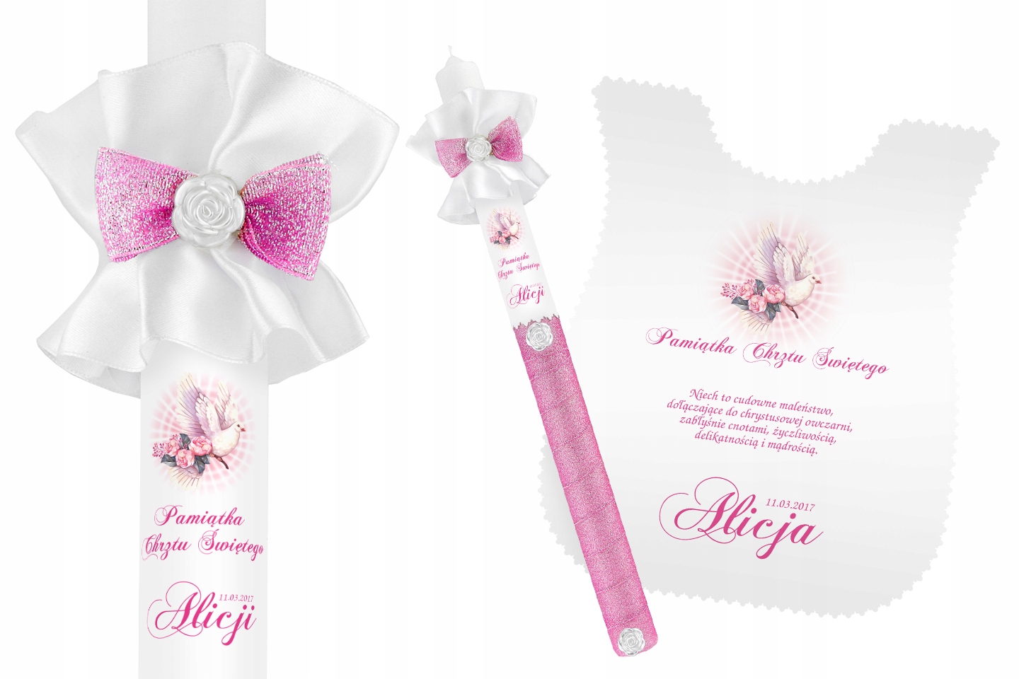 Szatka i świeca do CHRZTU biała IMIĘ DATA