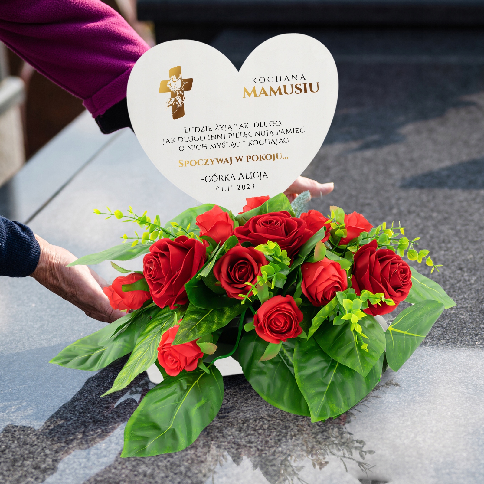 Stroik KWIATY RÓŻE na GRÓB + PODSTAWKA z DEDYKACJĄ