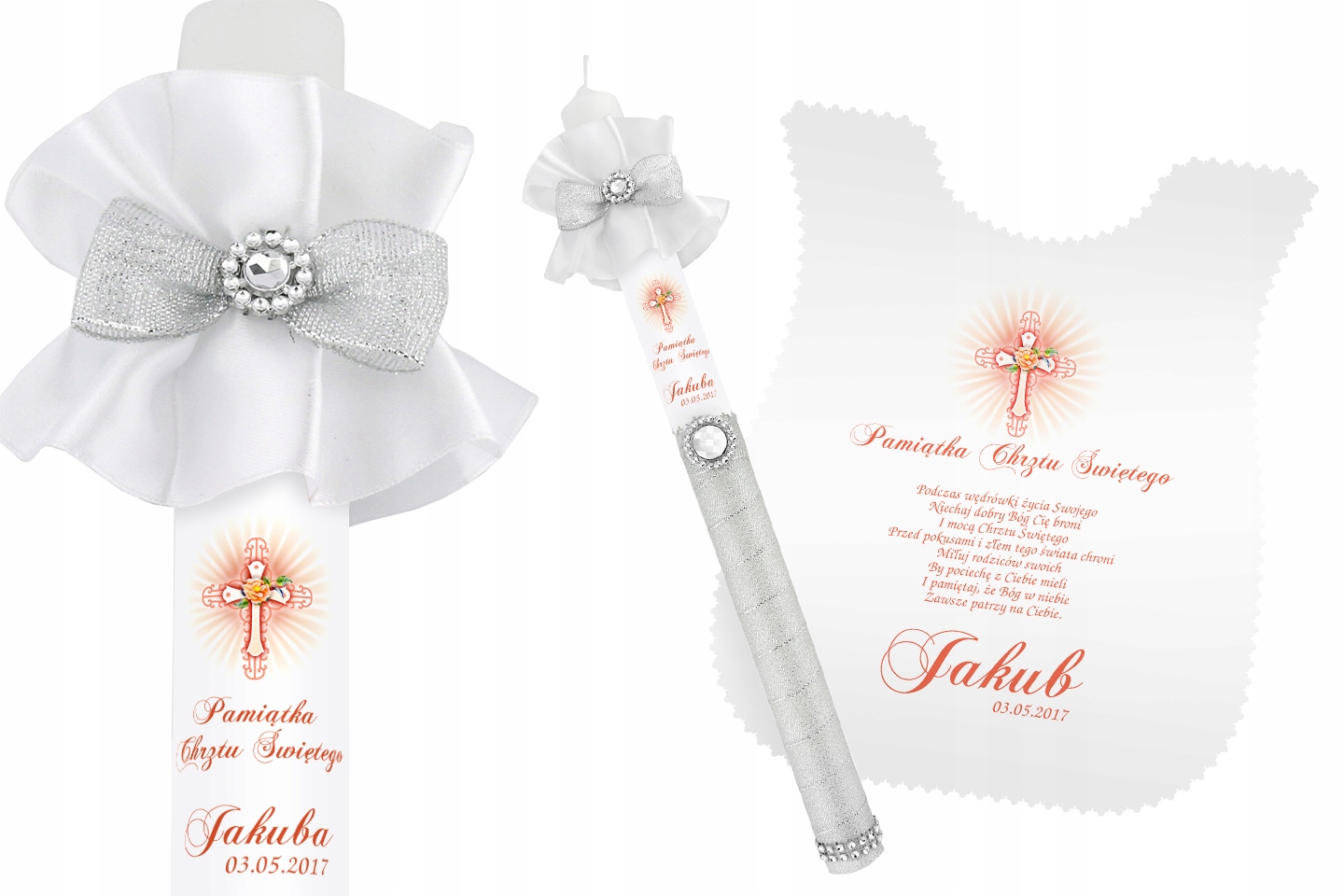 Szatka i świeca do CHRZTU biała IMIĘ DATA WZORY