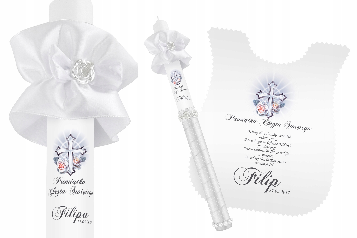 Szatka i świeca do CHRZTU biała IMIĘ DATA WZORY