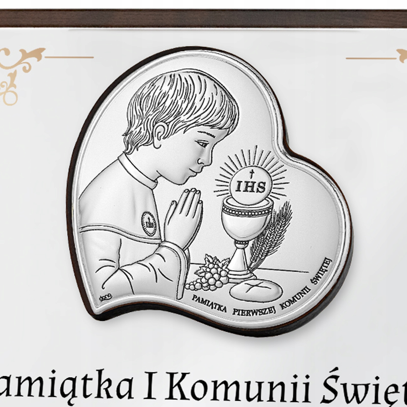 SREBRNY obrazek prezent na KOMUNIĘ z NADRUKIEM Pamiątka Komunii Chłopca