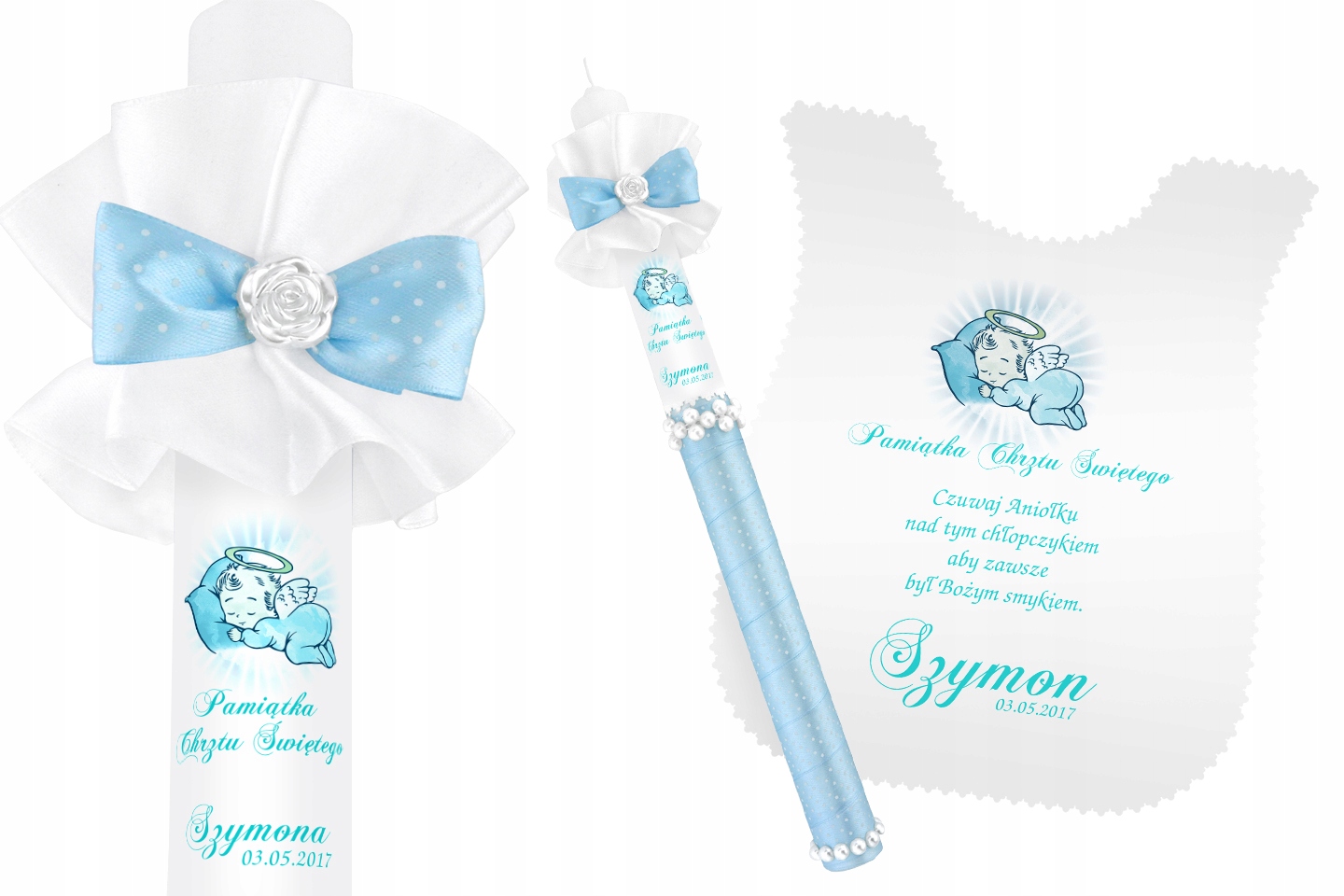 Szatka i świeca do CHRZTU biała IMIĘ DATA WZORY