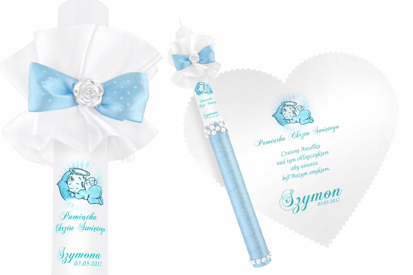 Biała szatka i świeca do Chrztu imię data WZORY