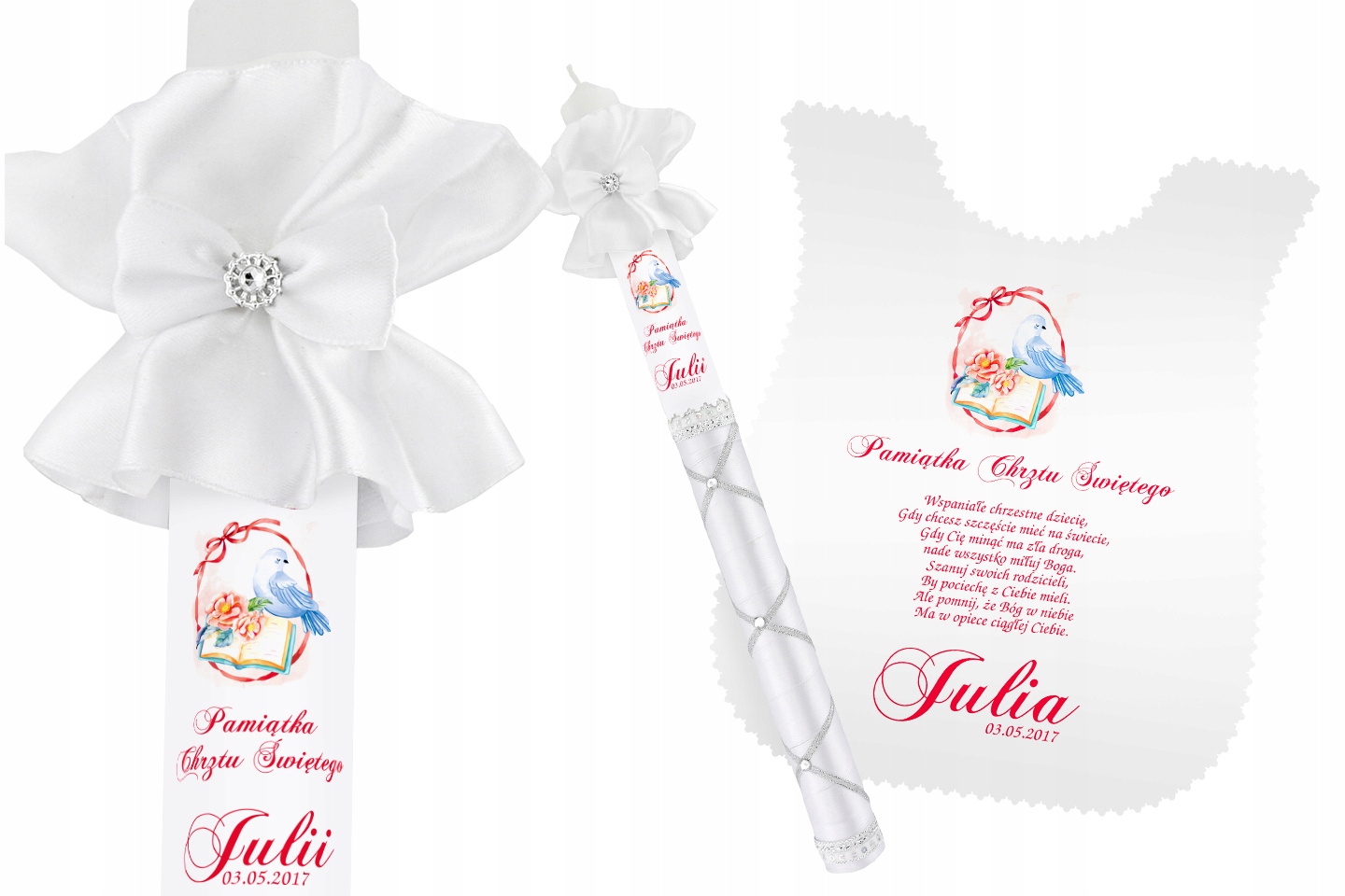 Szatka i świeca do CHRZTU biała IMIĘ DATA WZORY