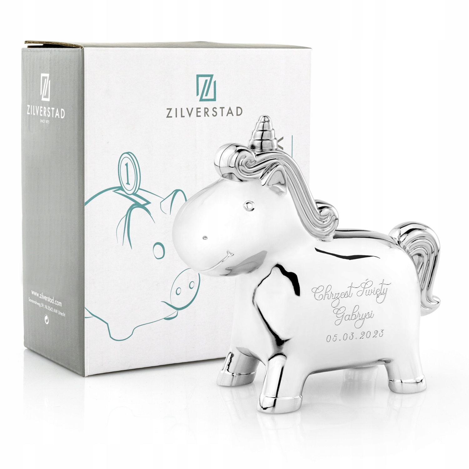 Skarbonka jednorożec srebrna prezent na chrzest pamiątka chrztu + GRAWER
