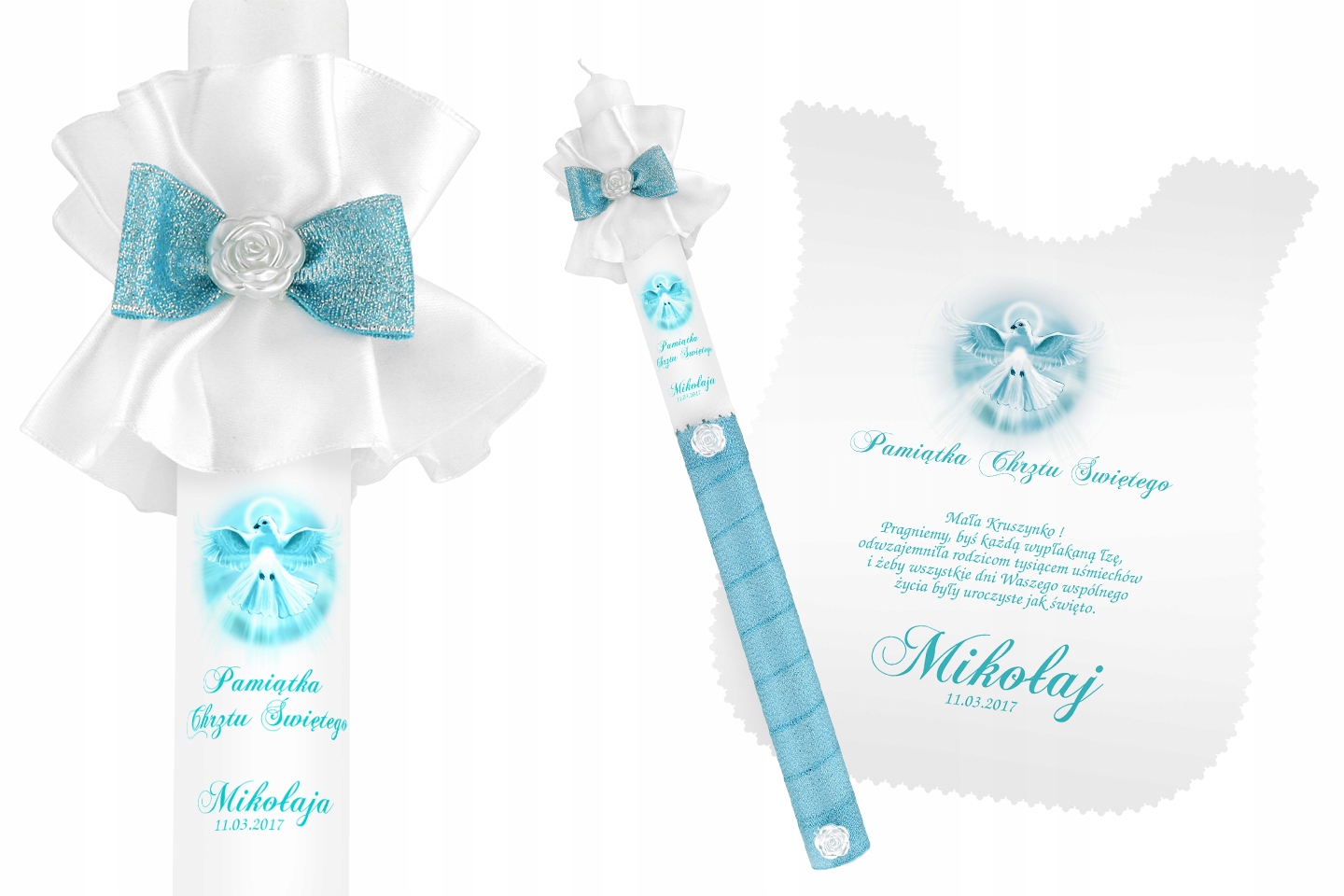 Szatka i świeca do CHRZTU biała IMIĘ DATA WZORY