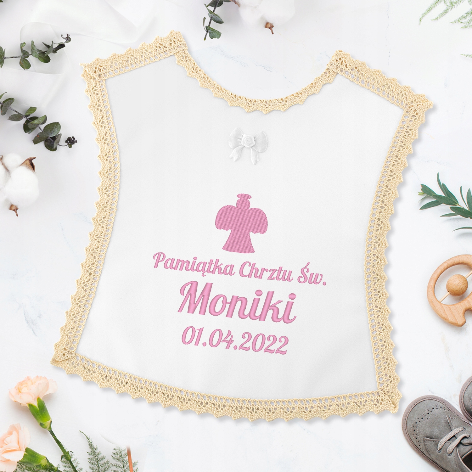 SZATKA DO CHRZTU Z HAFTEM IMIĘ DATA i PUDEŁKO