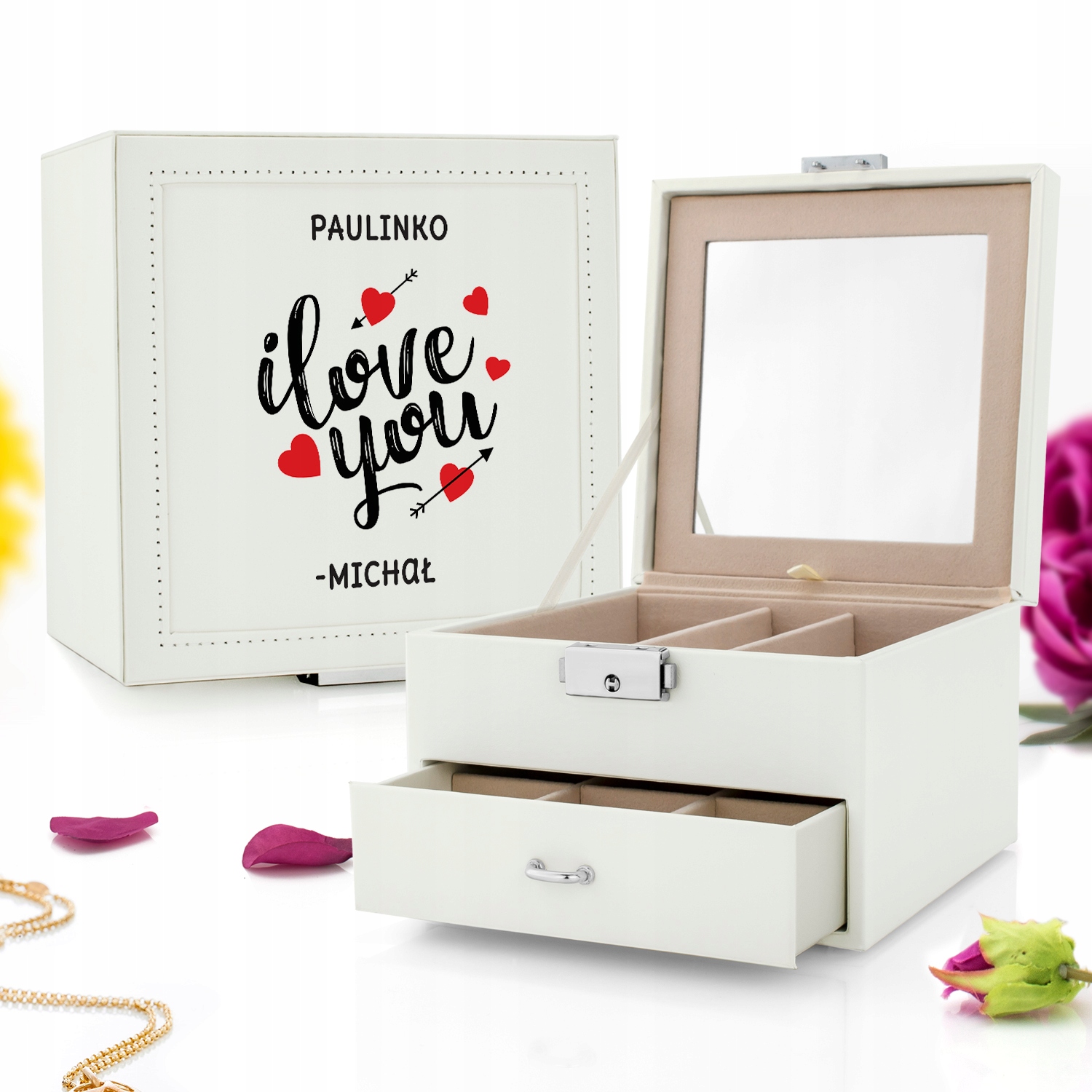 SZKATUŁKA KUFEREK na biżuterię LUSTRO WALENTYNKI