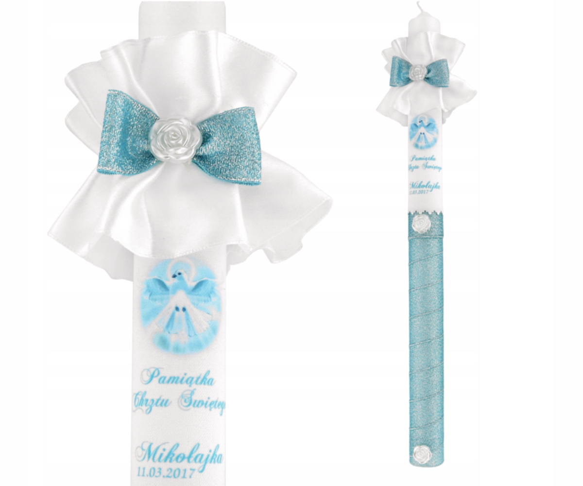 Świeca NA CHRZEST z ozdobami  imię i data CHRZTU prezent na chrzest