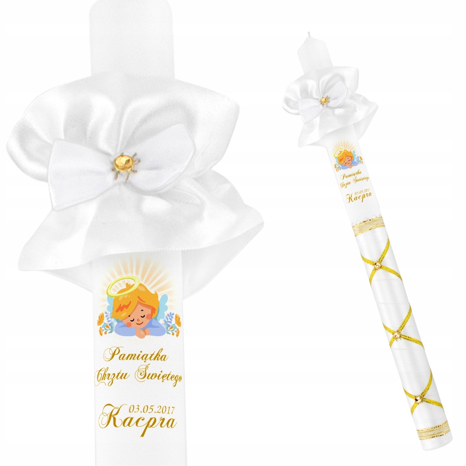 Świeca NA CHRZEST z ozdobami imię i data CHRZTU prezent na chrzest