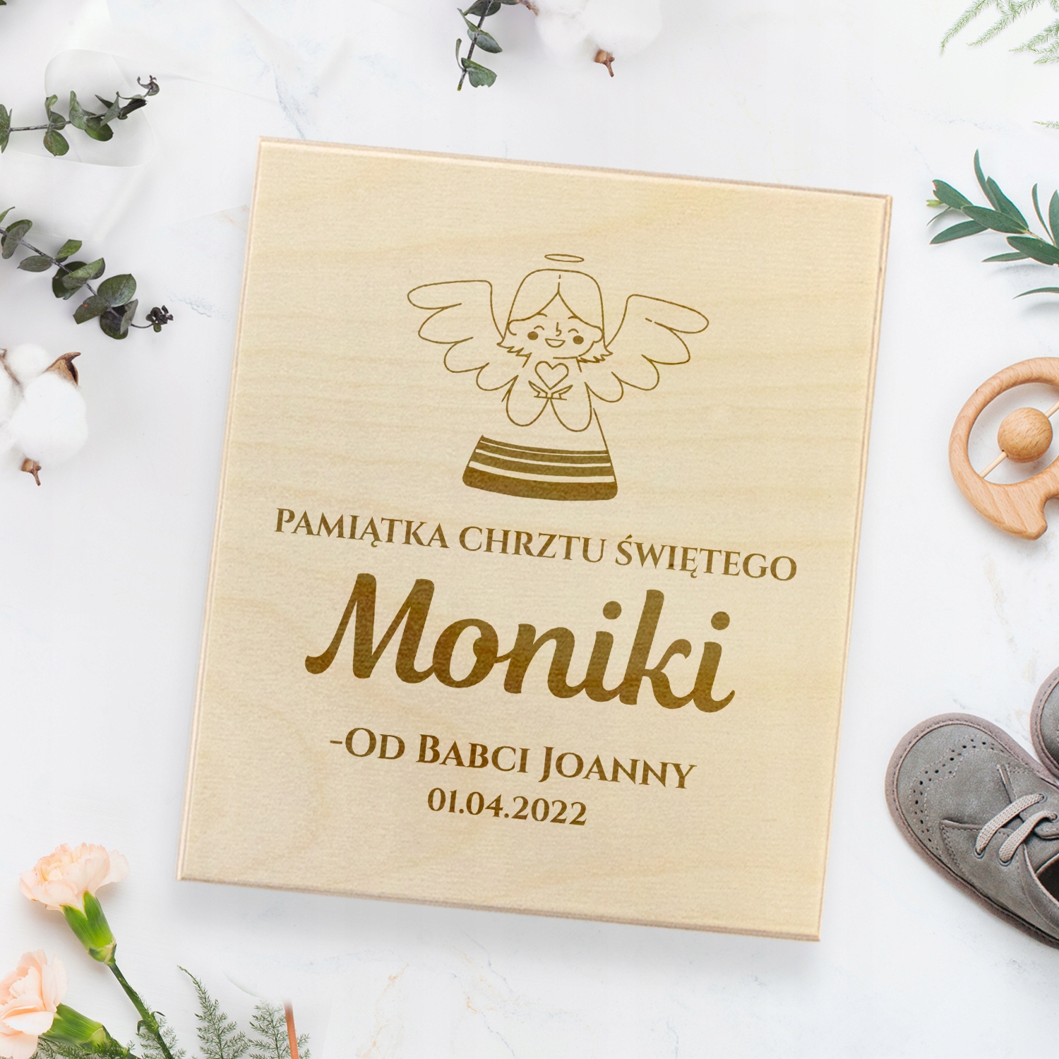 SZATKA DO CHRZTU Z HAFTEM IMIĘ DATA i PUDEŁKO
