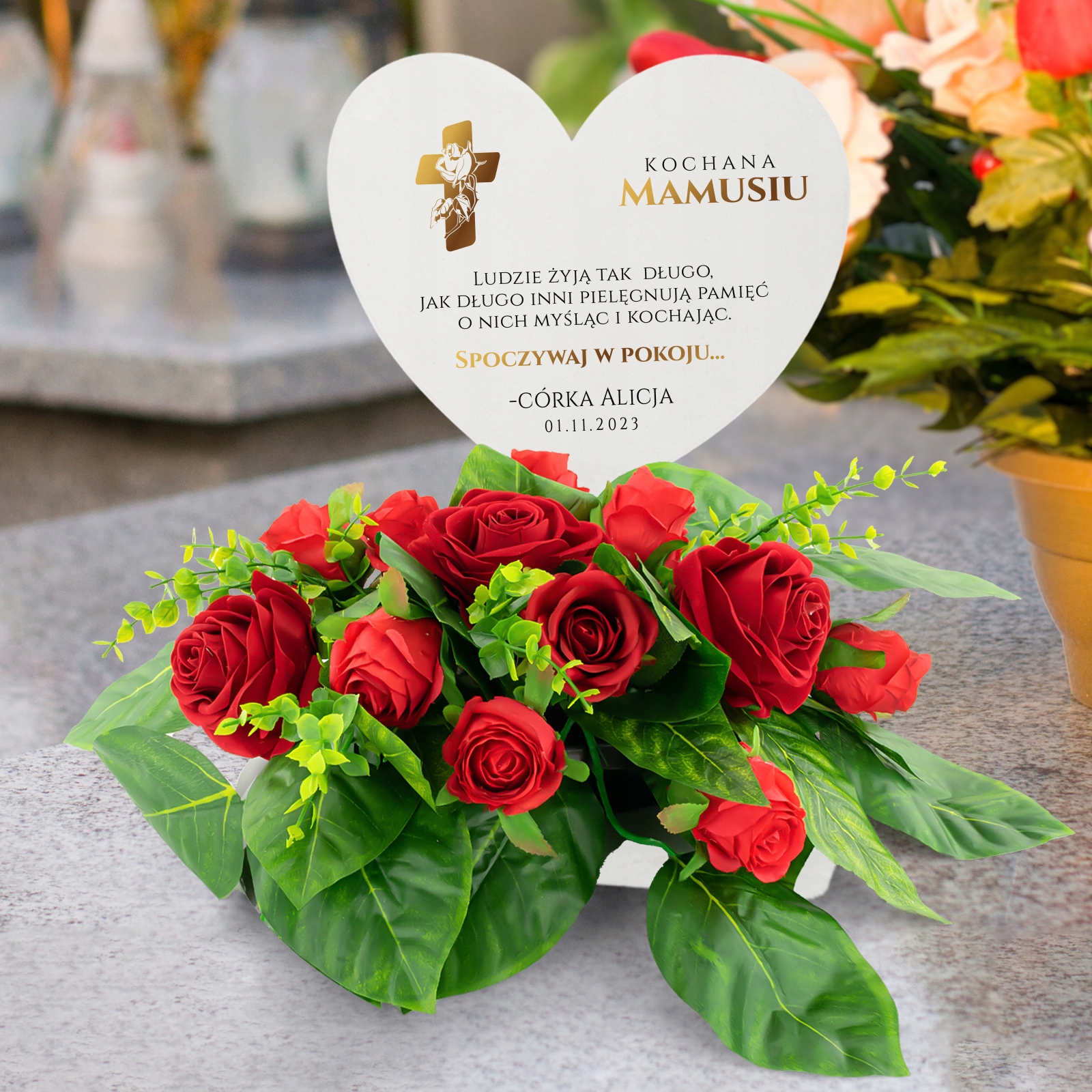 Stroik KWIATY RÓŻE na GRÓB + PODSTAWKA z DEDYKACJĄ
