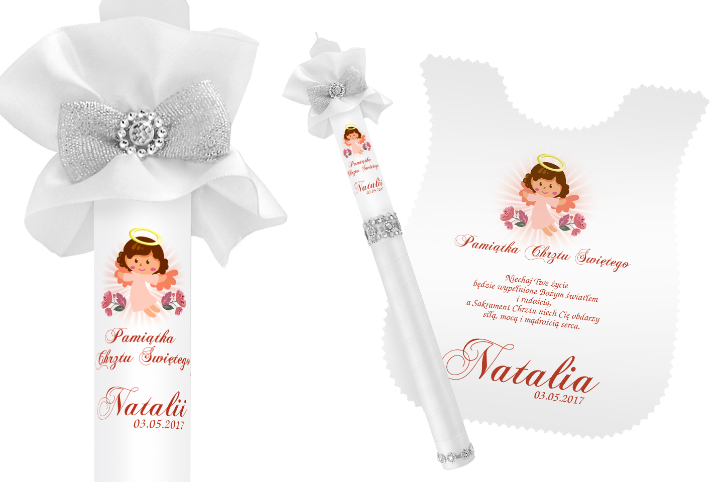Szatka i świeca do CHRZTU biała IMIĘ DATA